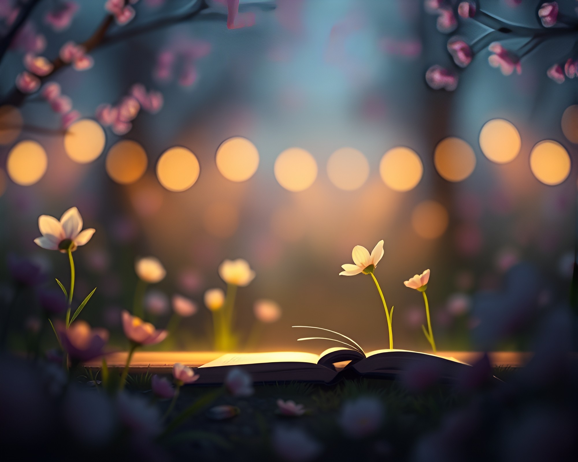Enchanting Spring Blossom Fairytale with Children in Spotlight – free AI stock image