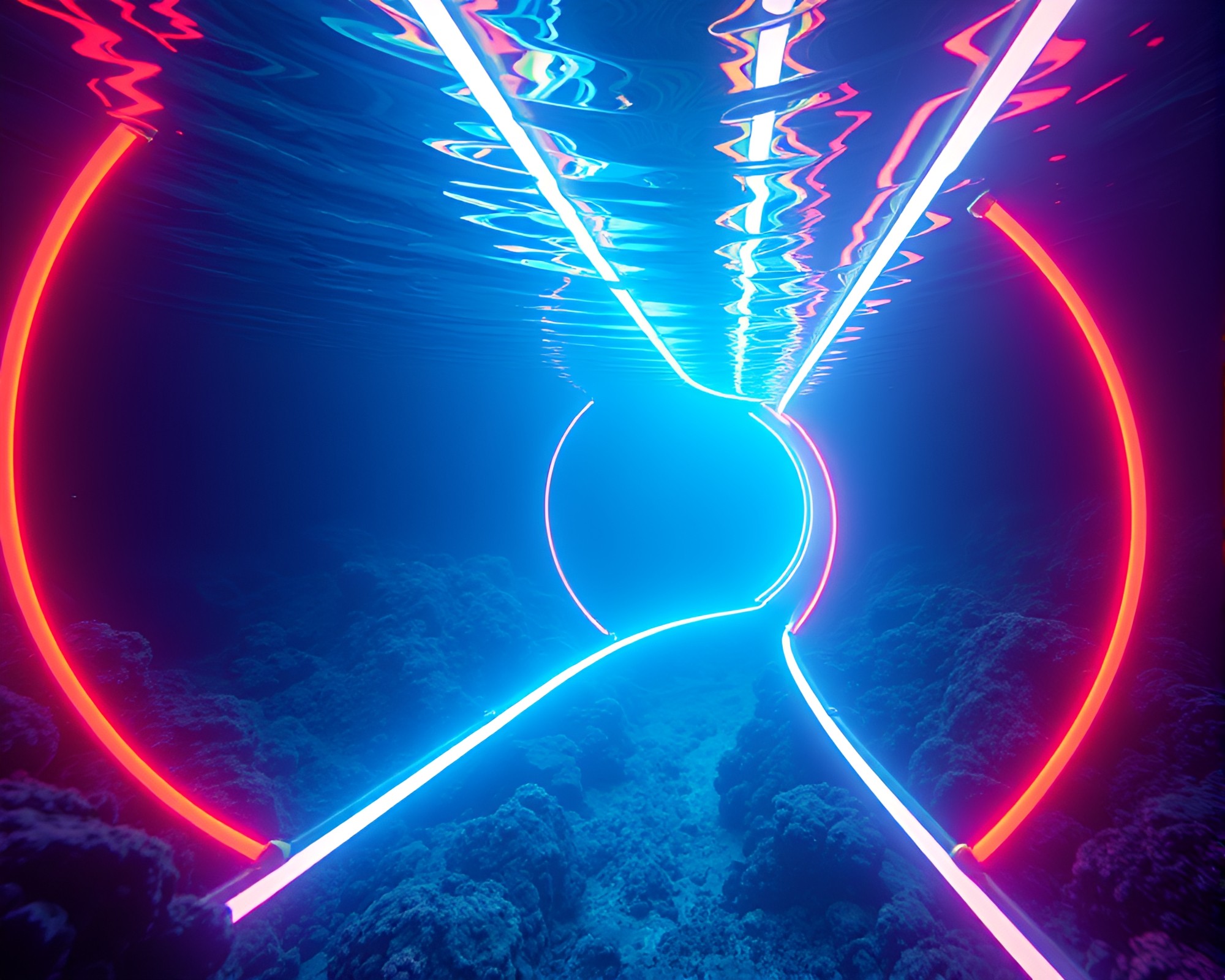 Neon Submarine Exploration in Underwater Fantasy Realm – free AI stock image