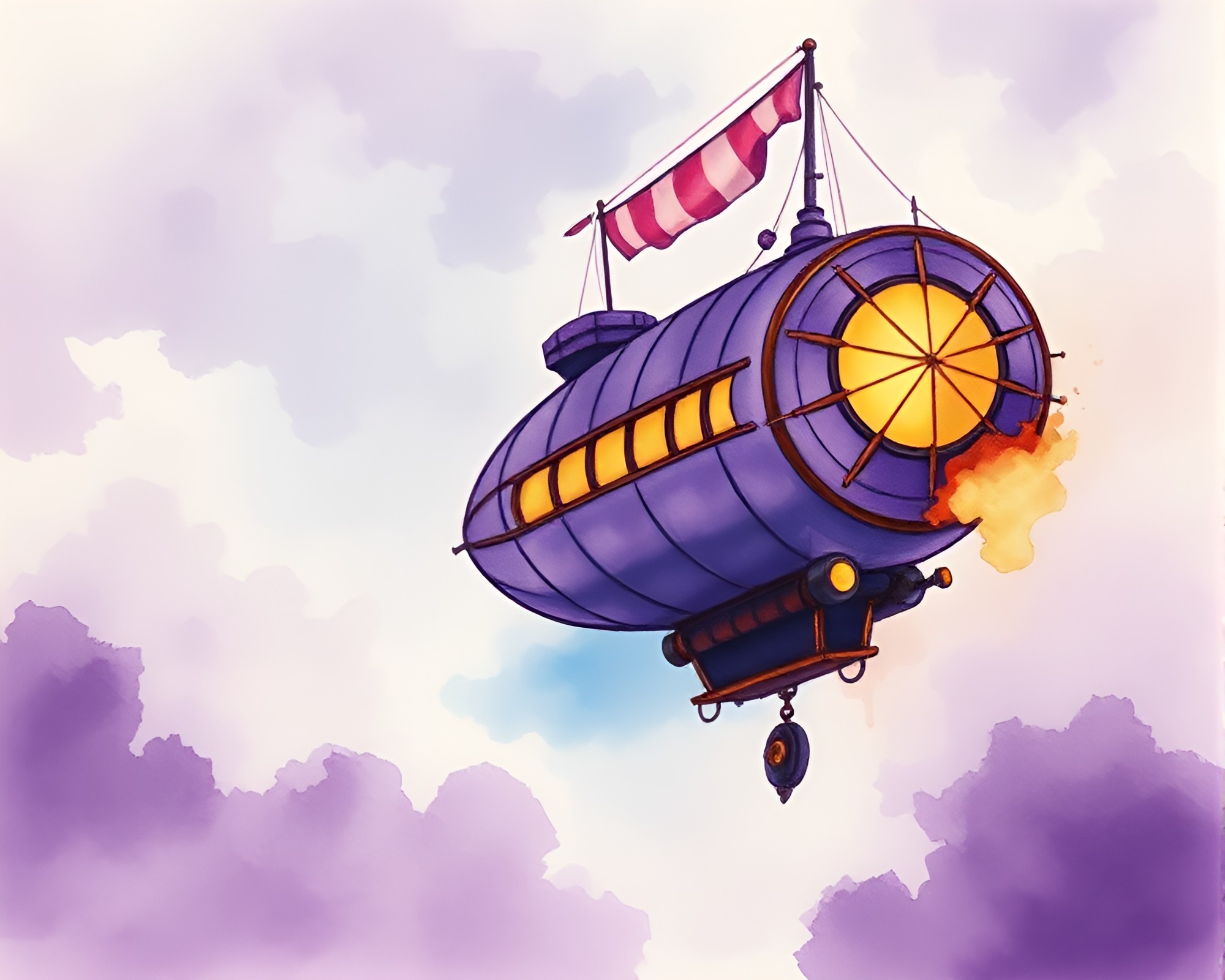 Steampunk Airship in Amethyst Sky Watercolor Painting – free AI stock image
