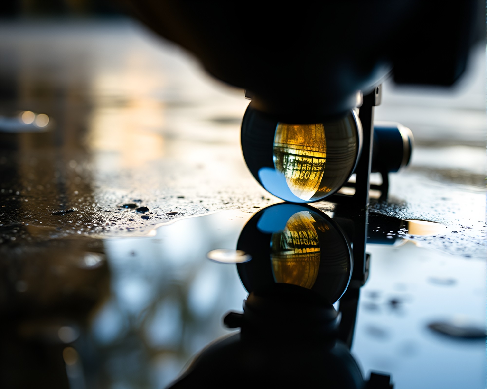 Telescope Prism Reflection in Surreal Puddle – free AI stock image