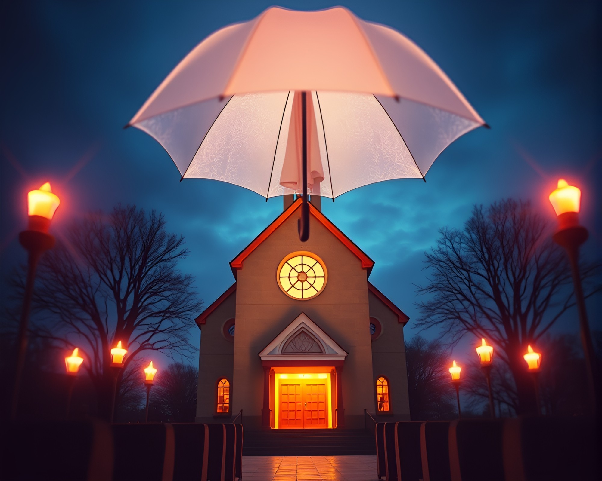 Umbrella Illuminated by Church Candlelight Medical Illustration – free AI stock image