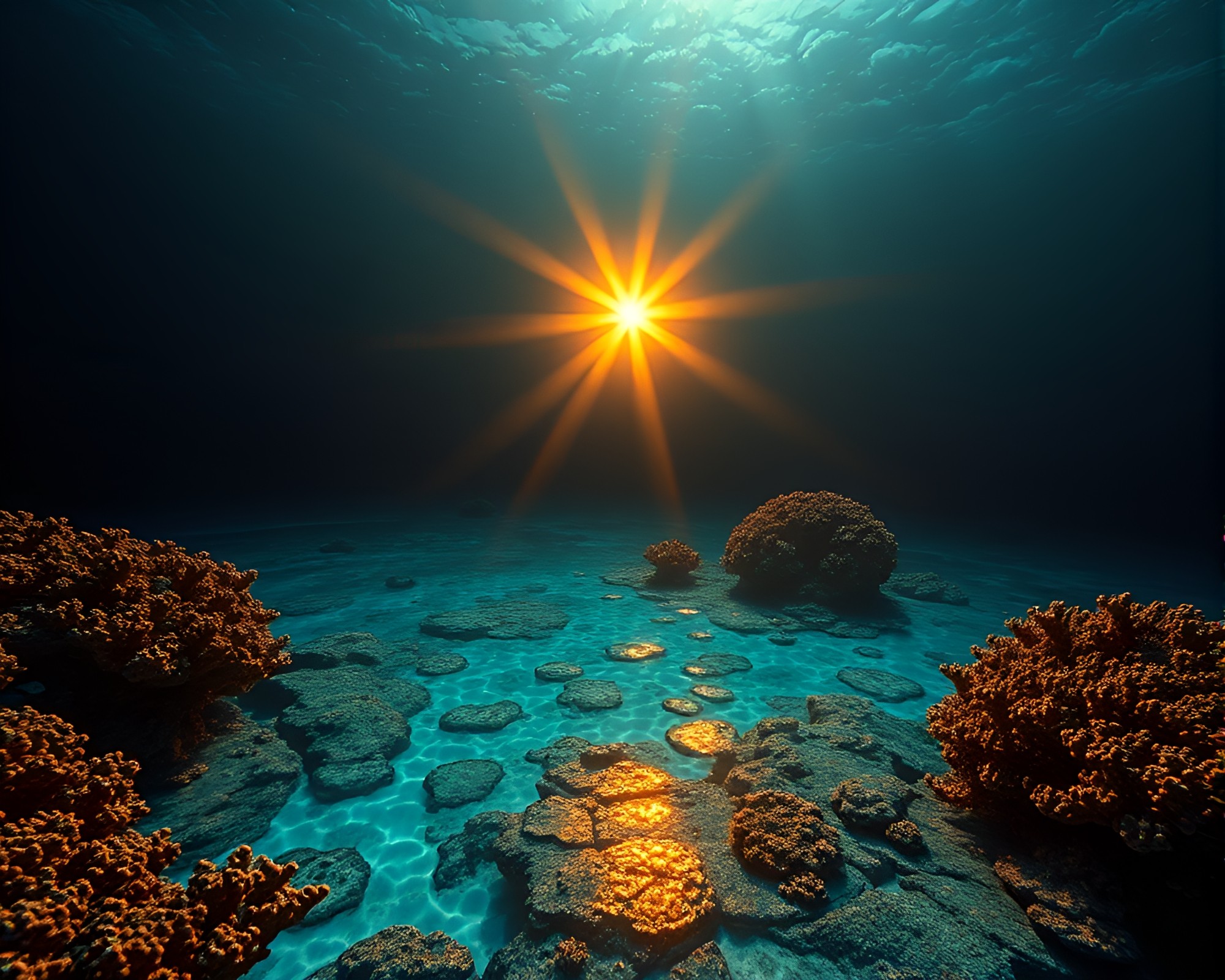 Glowing Coral Atoll in Golden Savannah Light – free AI stock image