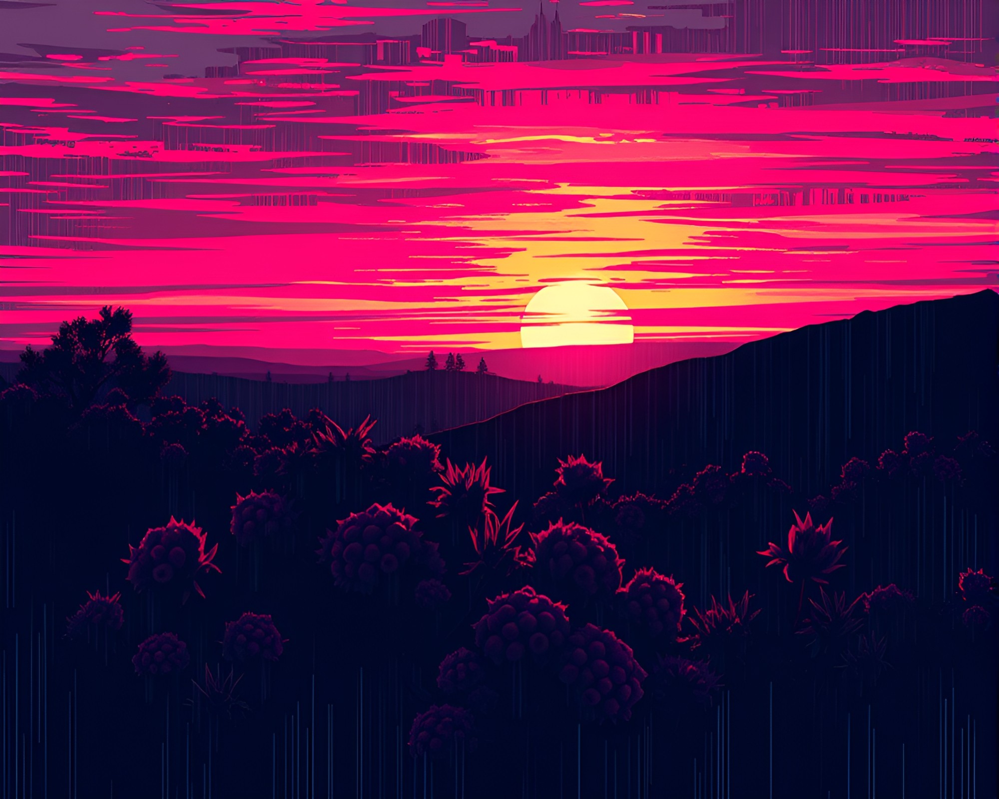 Raspberry Sunset Charcoal Glitch Art Composition – free AI stock image