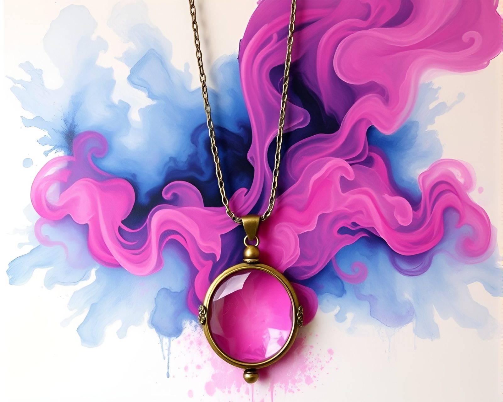 Vibrant mural painting of steam vapor around intricate necklace