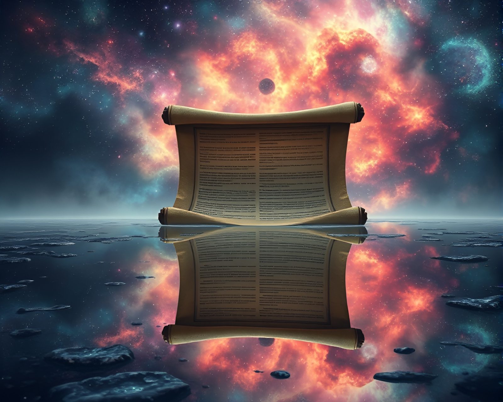 Fantasy illustration of cosmic nebula hues reflecting an ancient scroll in a puddle
