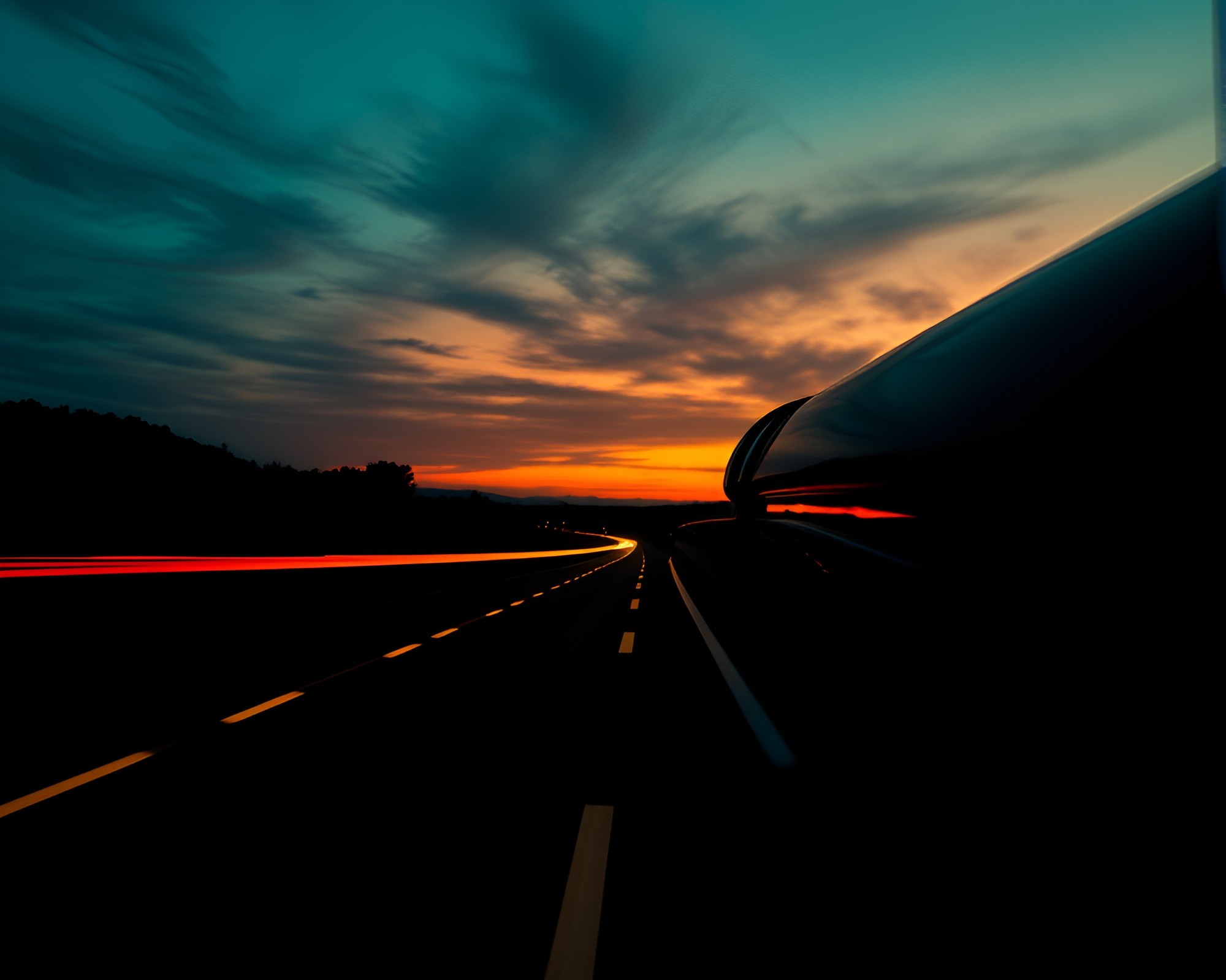 Sunset Brass Telescope Car Light Trails – free AI stock image