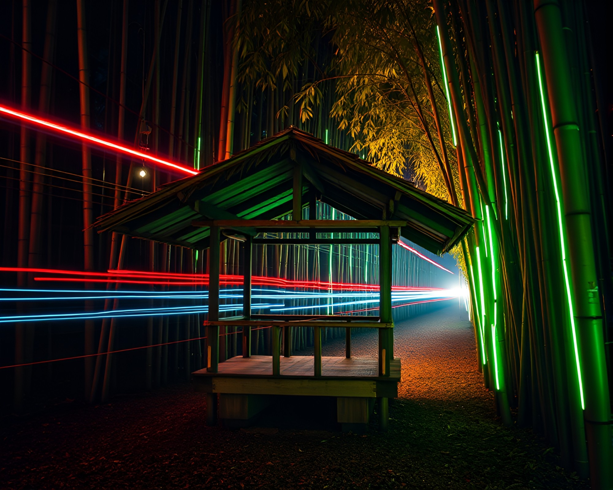 Bamboo Hut at Night with Neon Train Light Trails – free AI stock image