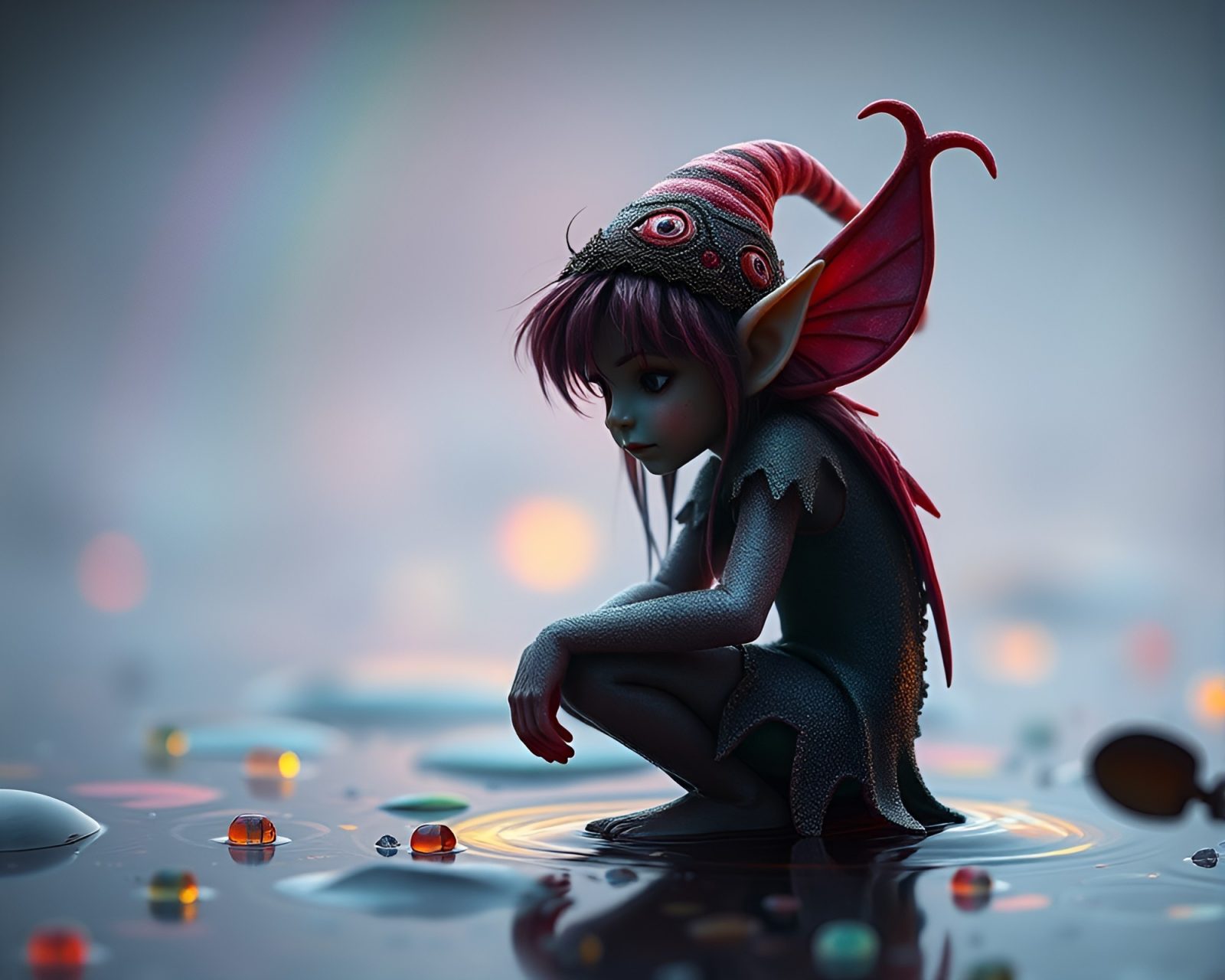 Shallow depth of field image of an Elf in washed-out rainbow colors