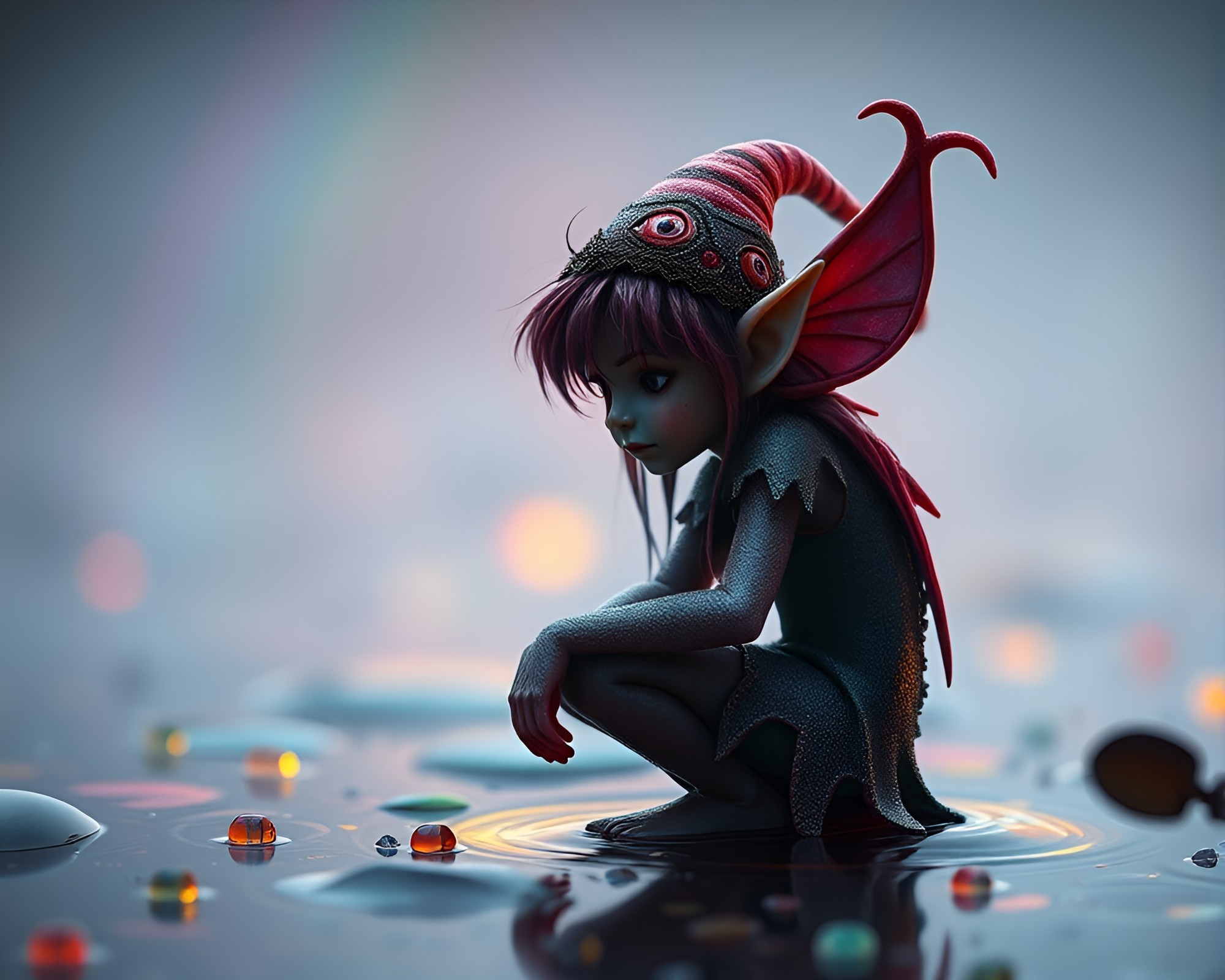 Elf surrounded by oil slick rainbow colors – free AI stock image