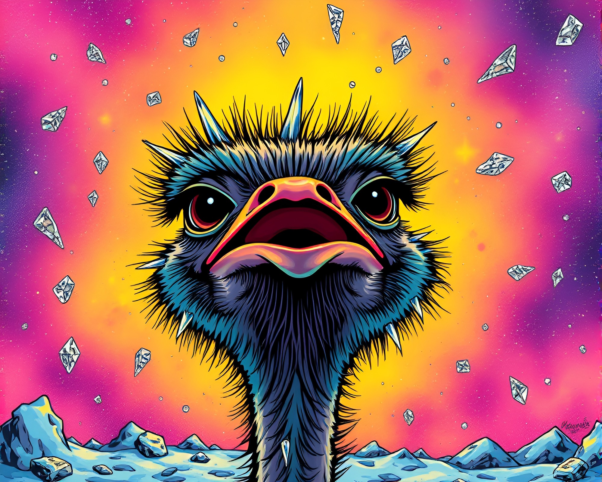Majestic Ostrich in Ice Crystal Cosmic Rainbow Universe – free AI stock image