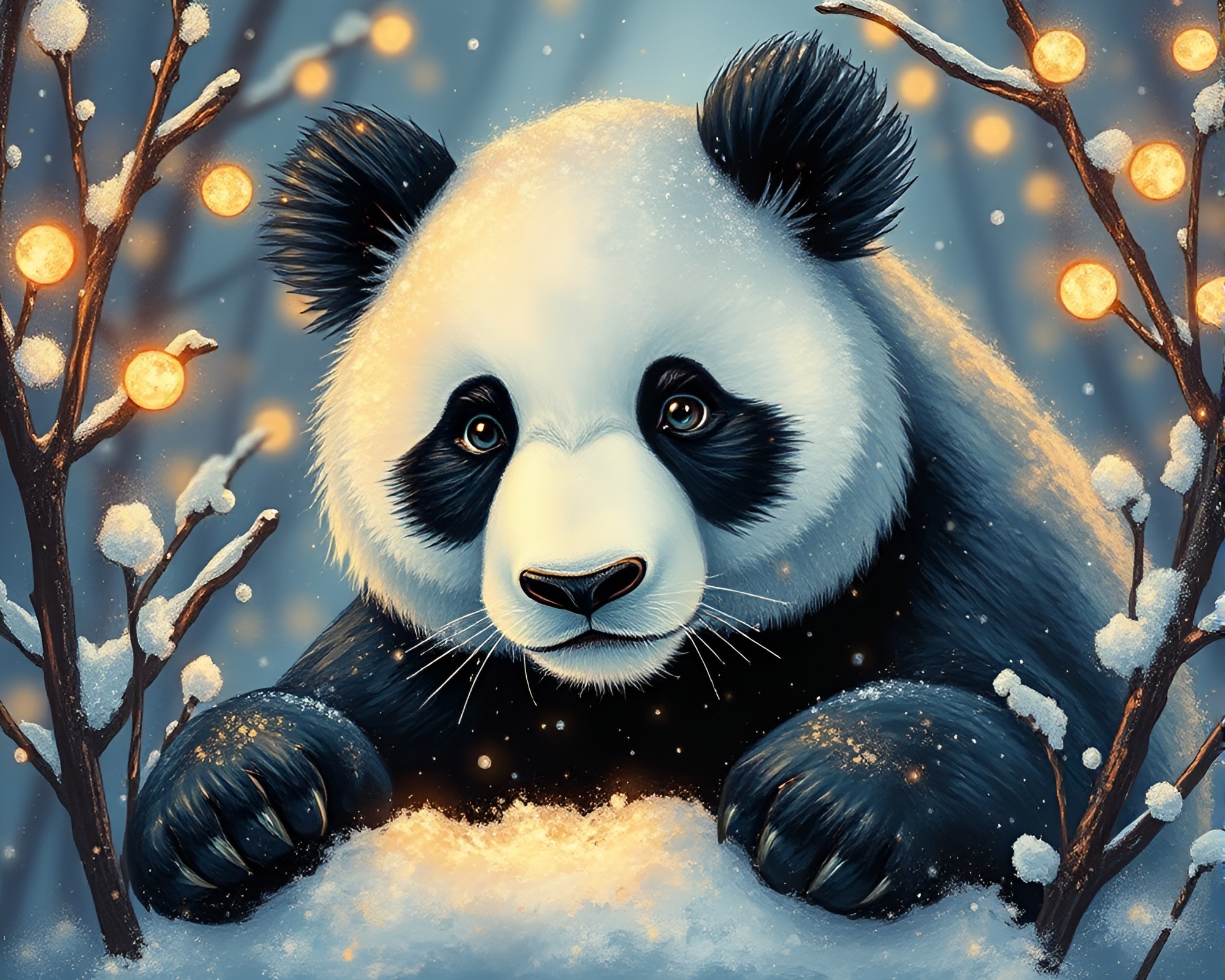 Enchanting Snow-Kissed Panda Portrait – free AI stock image