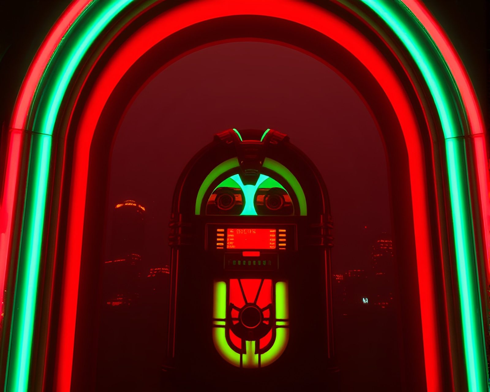 Silhouetted retro jukebox surrounded by glitched architectural frames
