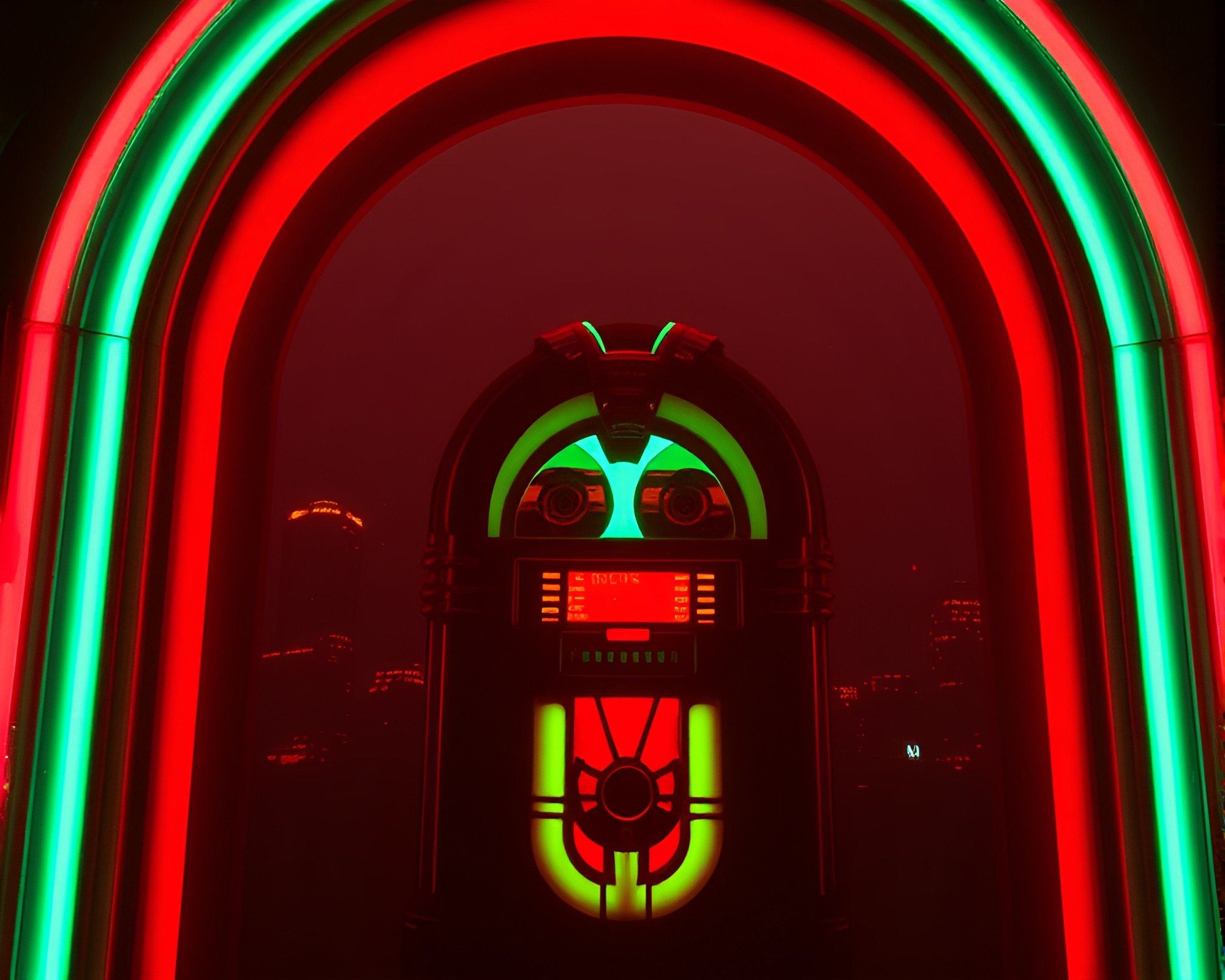 Retro Jukebox Framed by Glitch Art Light – free AI stock image