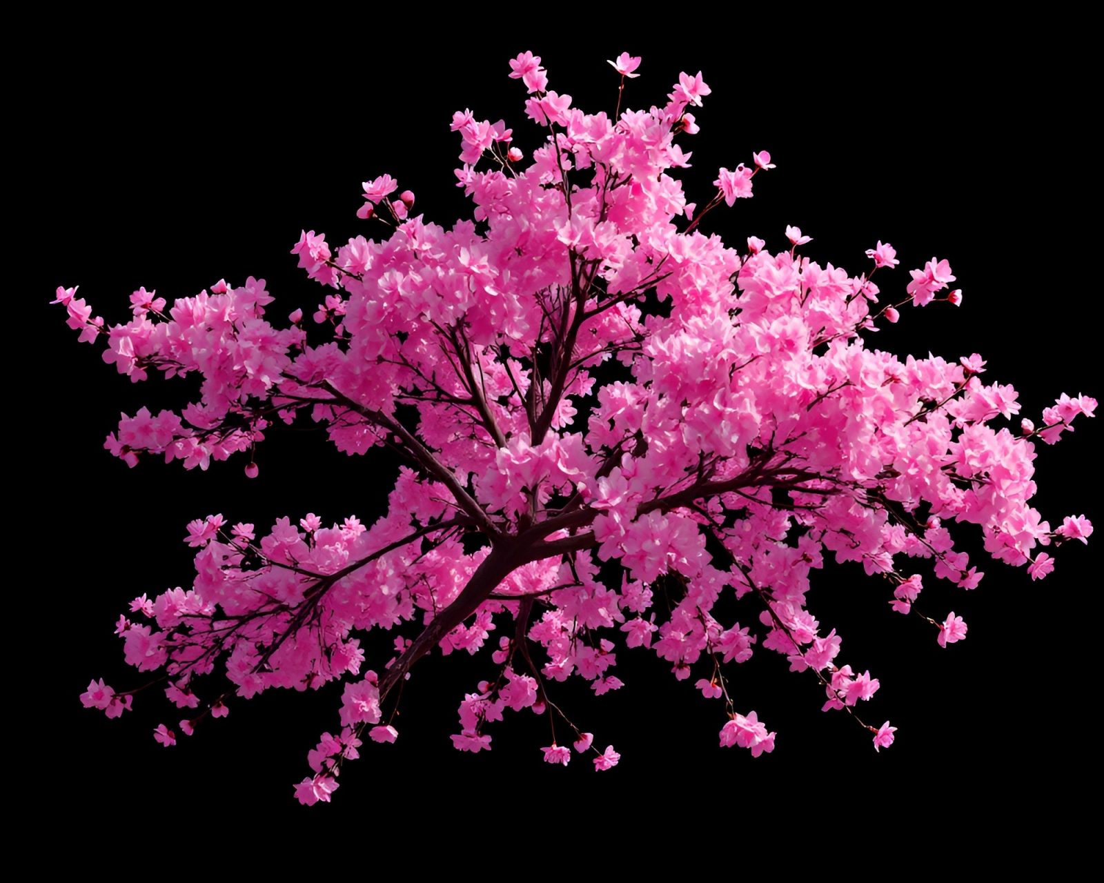 Medium shot of a mystical cherry blossom tree surrounded by glowing particles