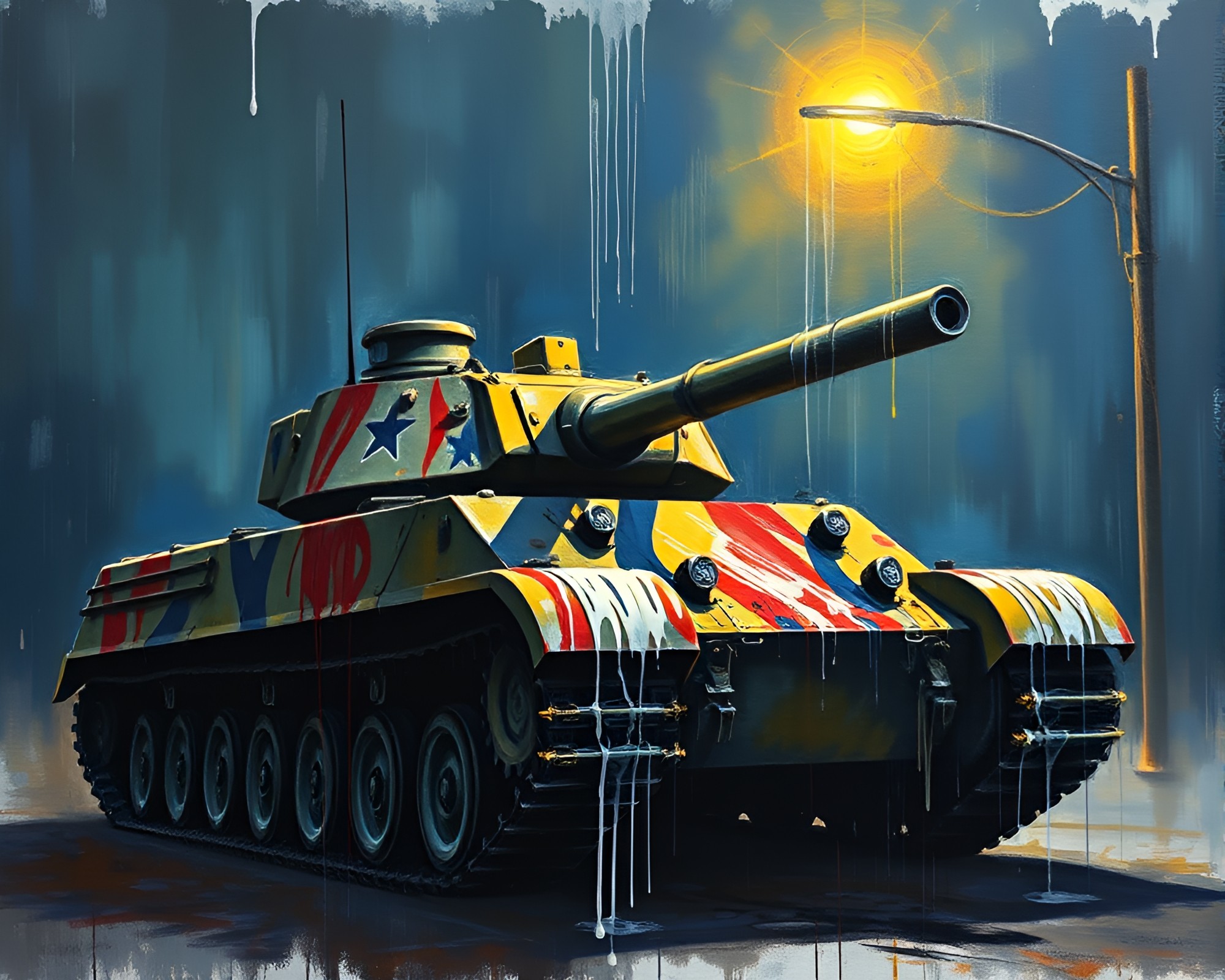 Spray Paint Dripped Armored Tank in Gouache Style – free AI stock image
