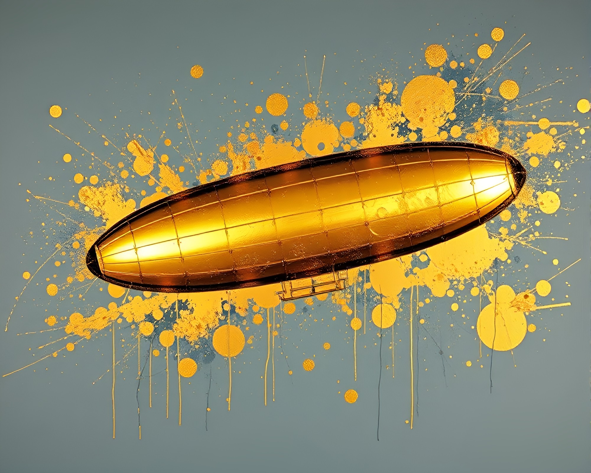 Golden Zeppelin Soaring through Paint Splatter Night Sky – free AI stock image