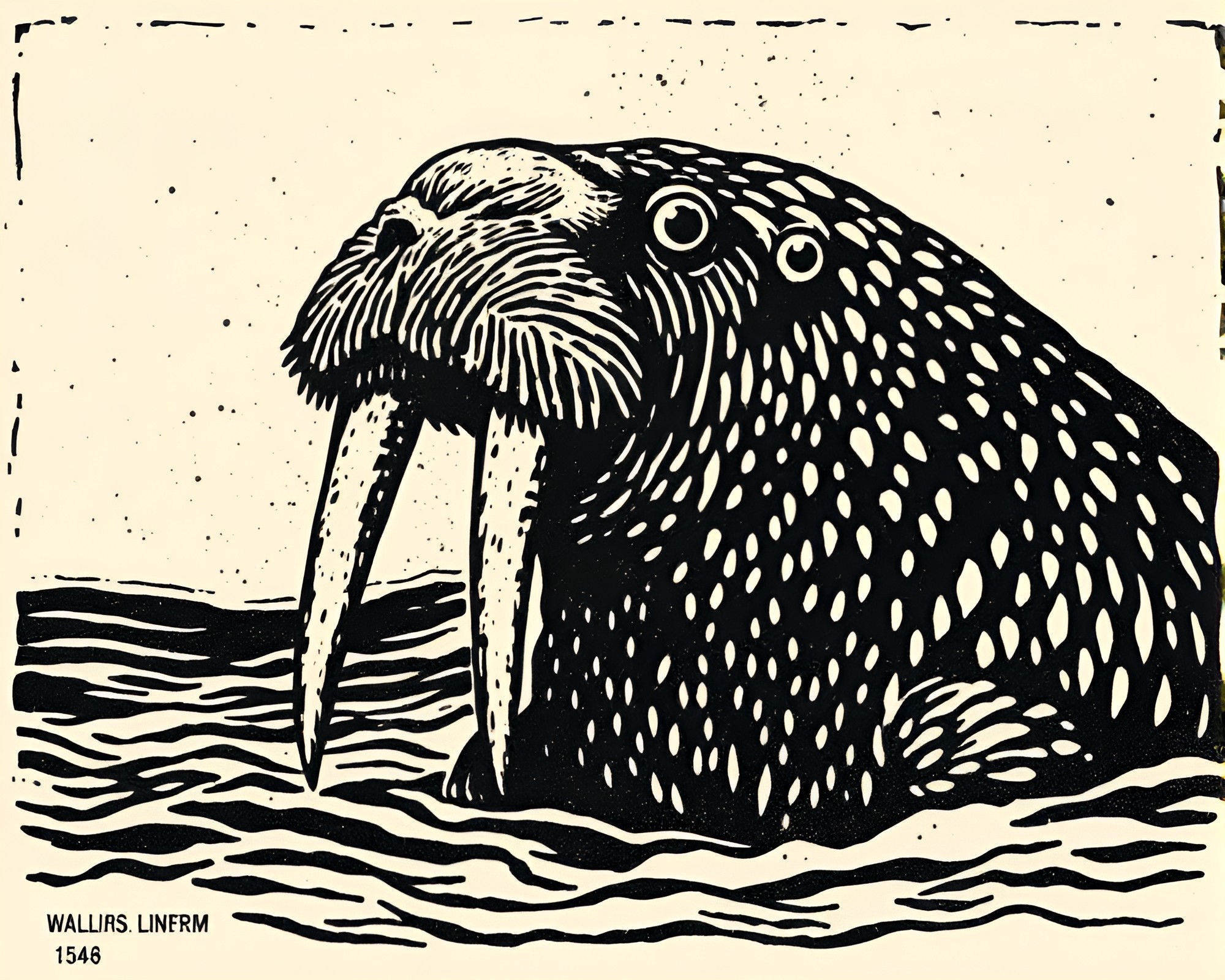 Walrus Linocut in Grainy Woodcut Print Style – free AI stock image