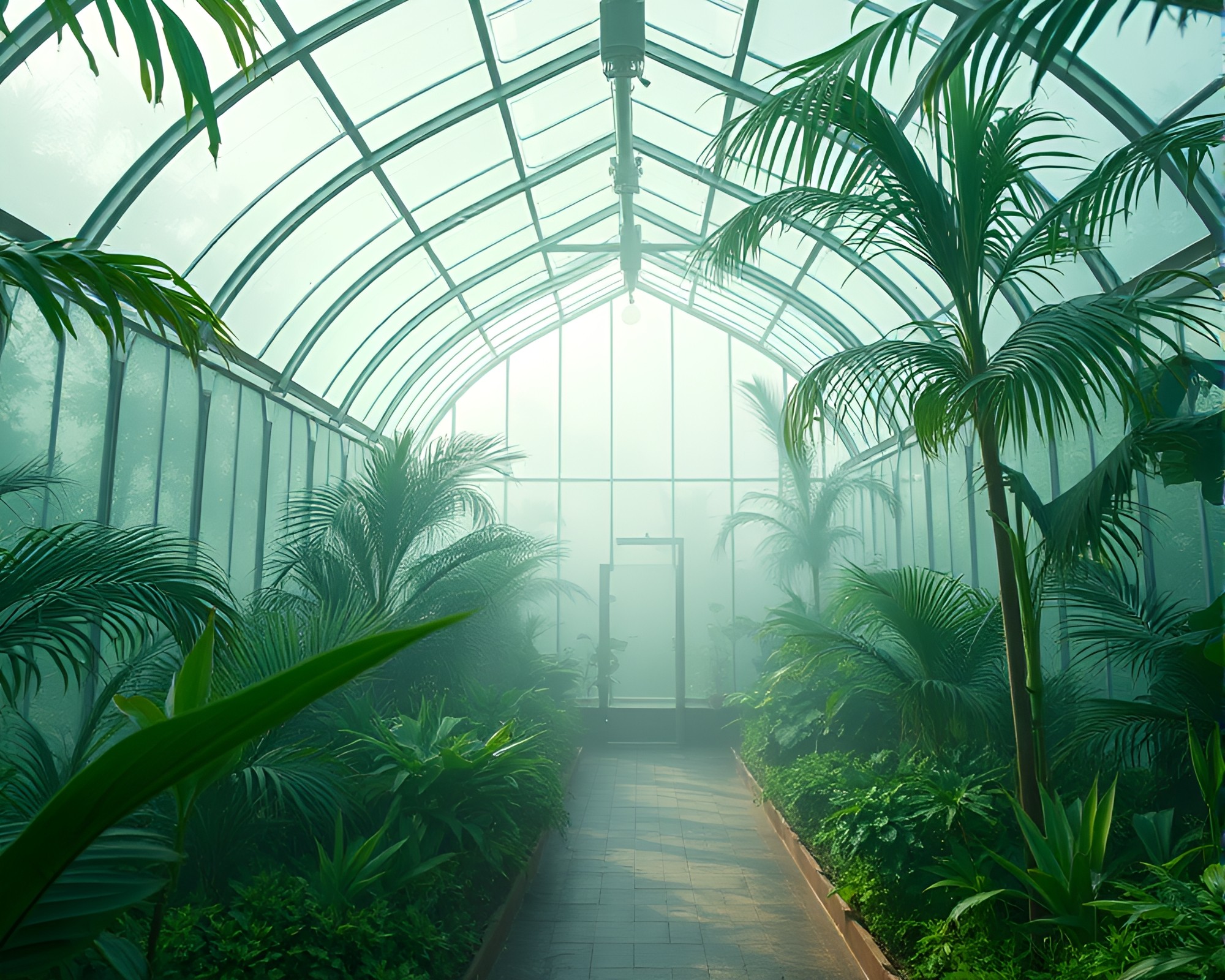 Glistening Rainforest Glass Greenhouse Trompe-l’oeil Scene – free AI stock image
