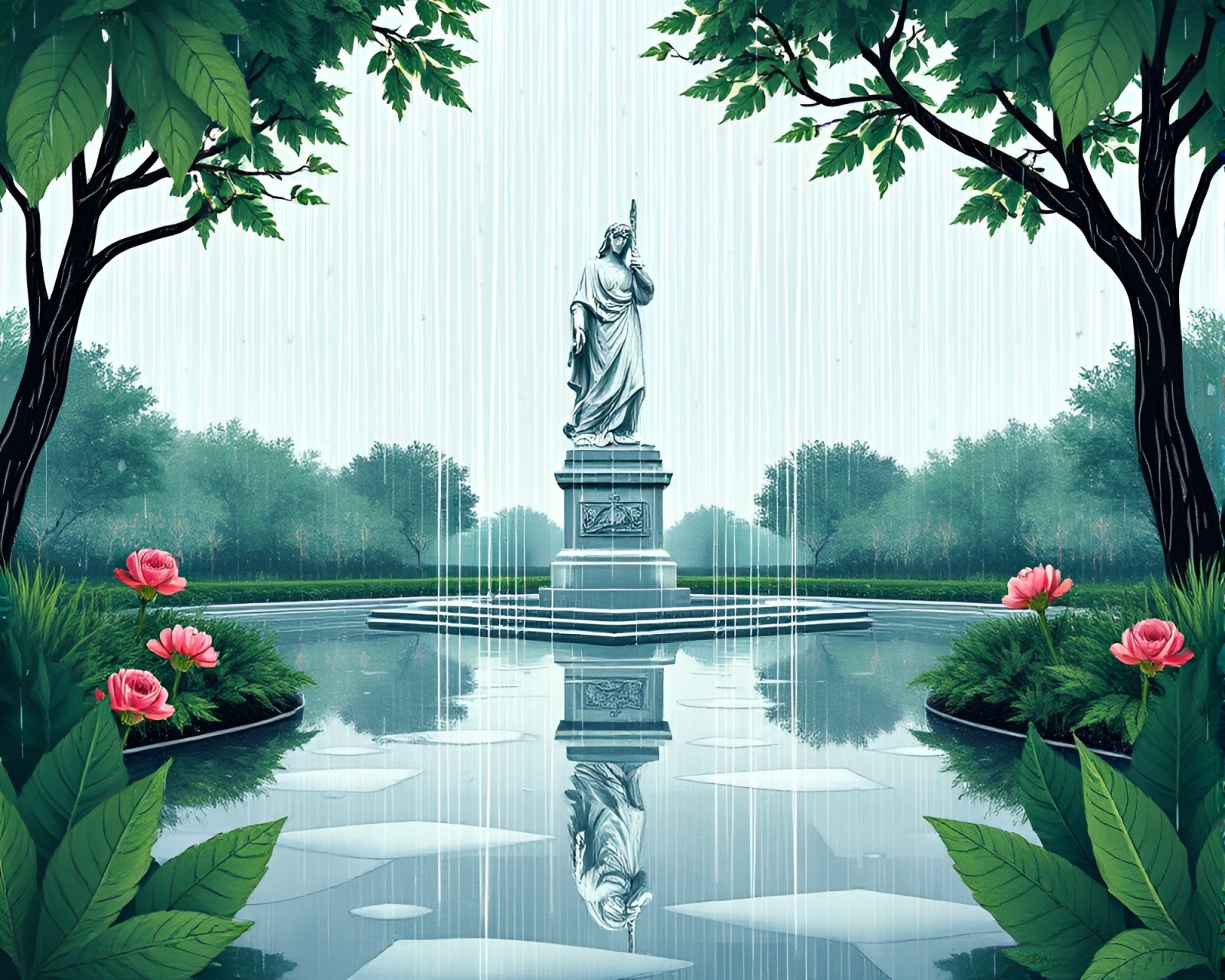 Statue surrounded by intricate rainy botanical patterns and reflections