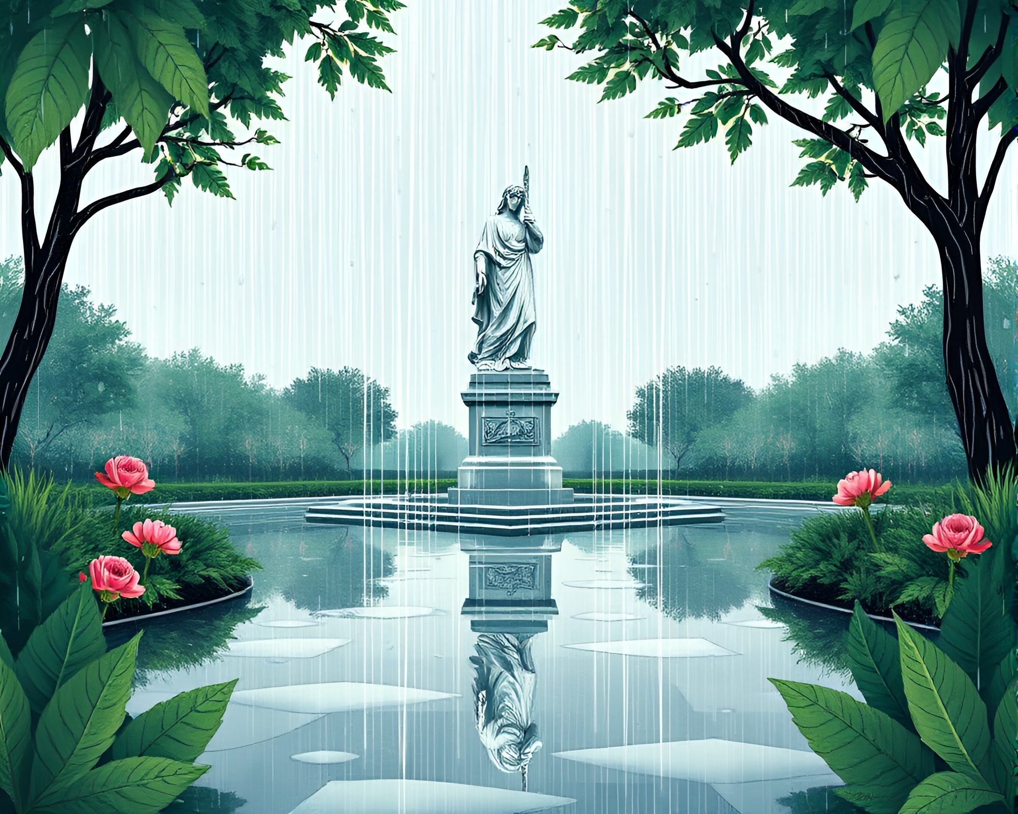 Botanical Statue Reflecting Geometric Rain Patterns – free AI stock image