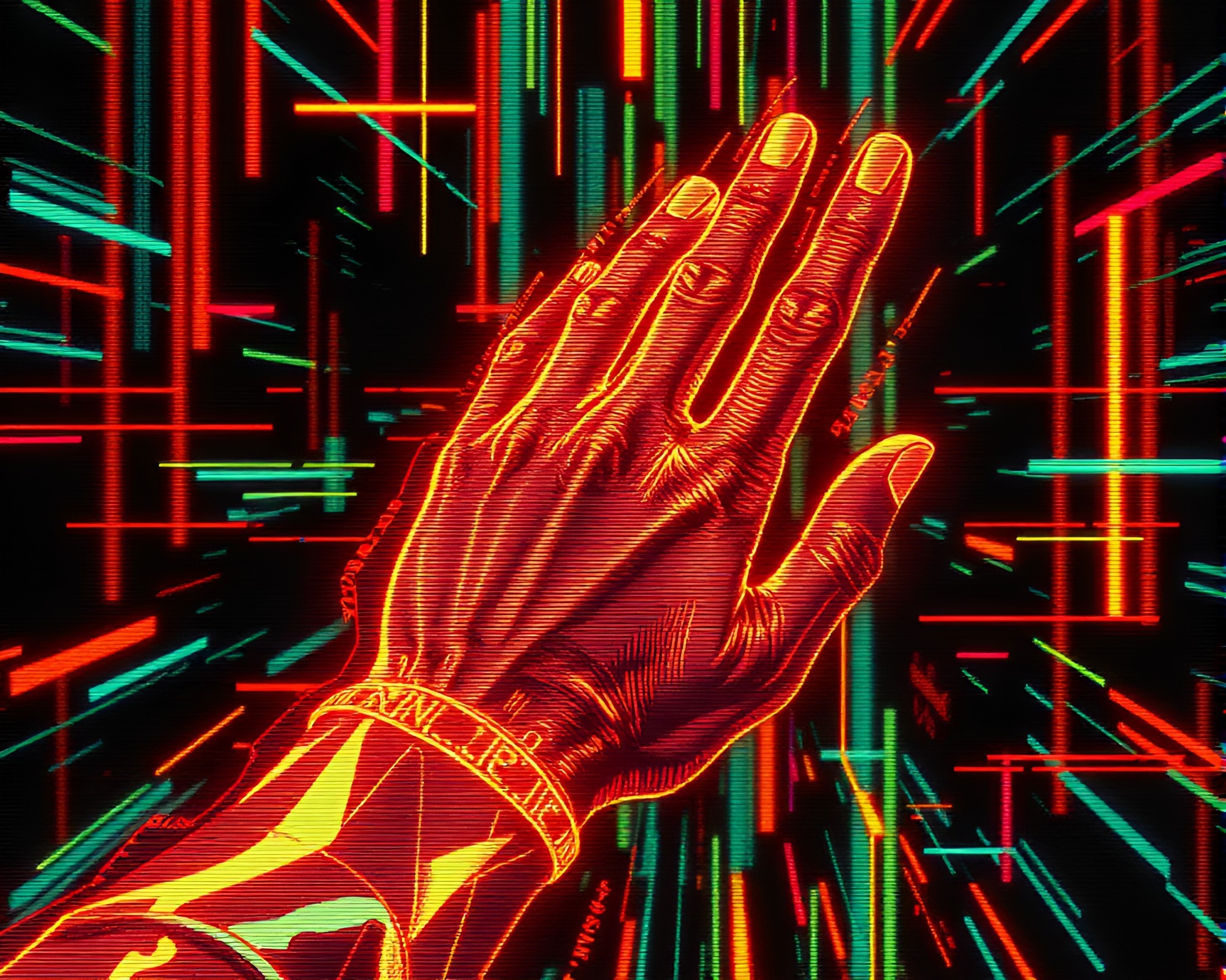 Glitch Artifacts: Cybernetic Hand Retro Scanlines – free AI stock image