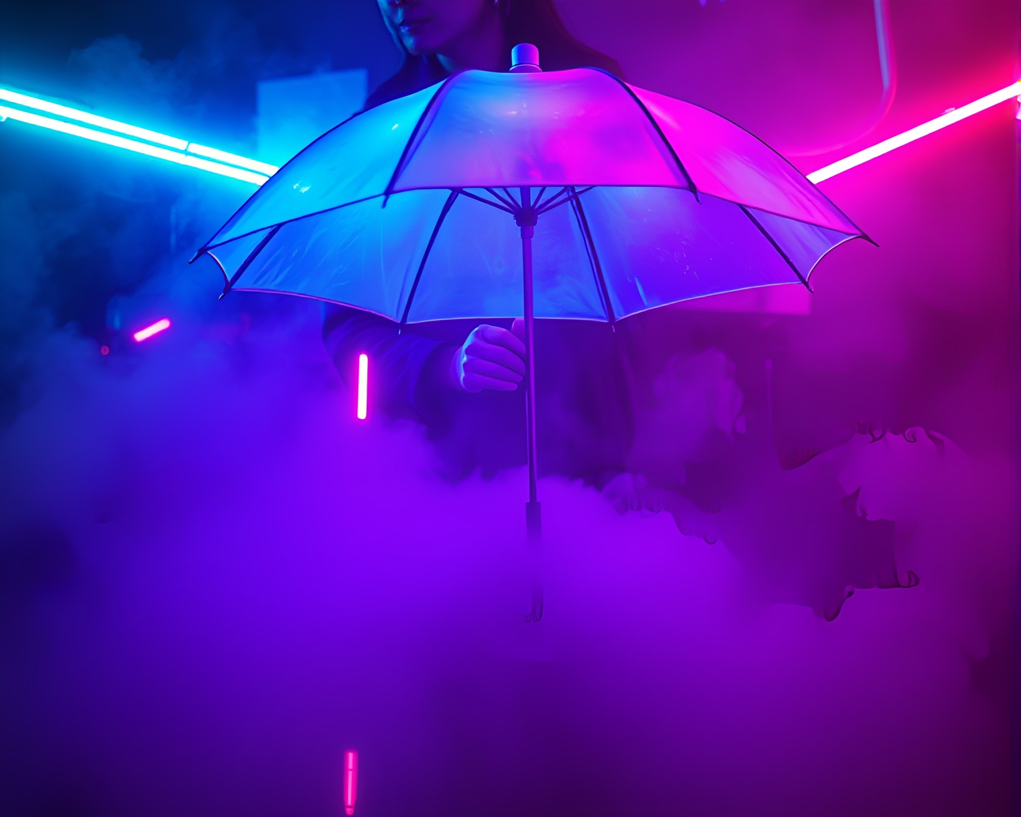 Neon-Lit Umbrella in Duotone Steam Vapors – free AI stock image