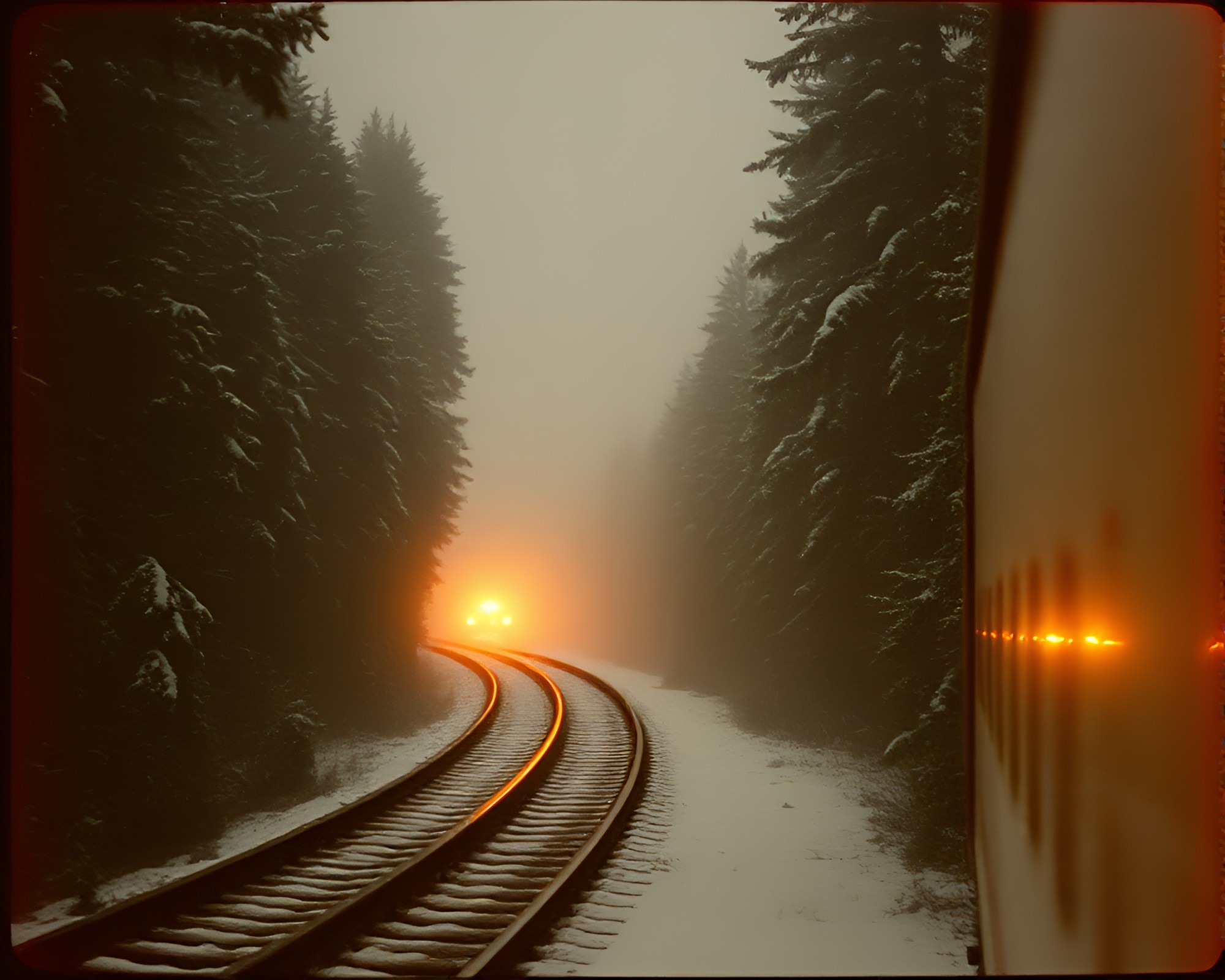 Mystical Forest Train Light Trails – free AI stock image