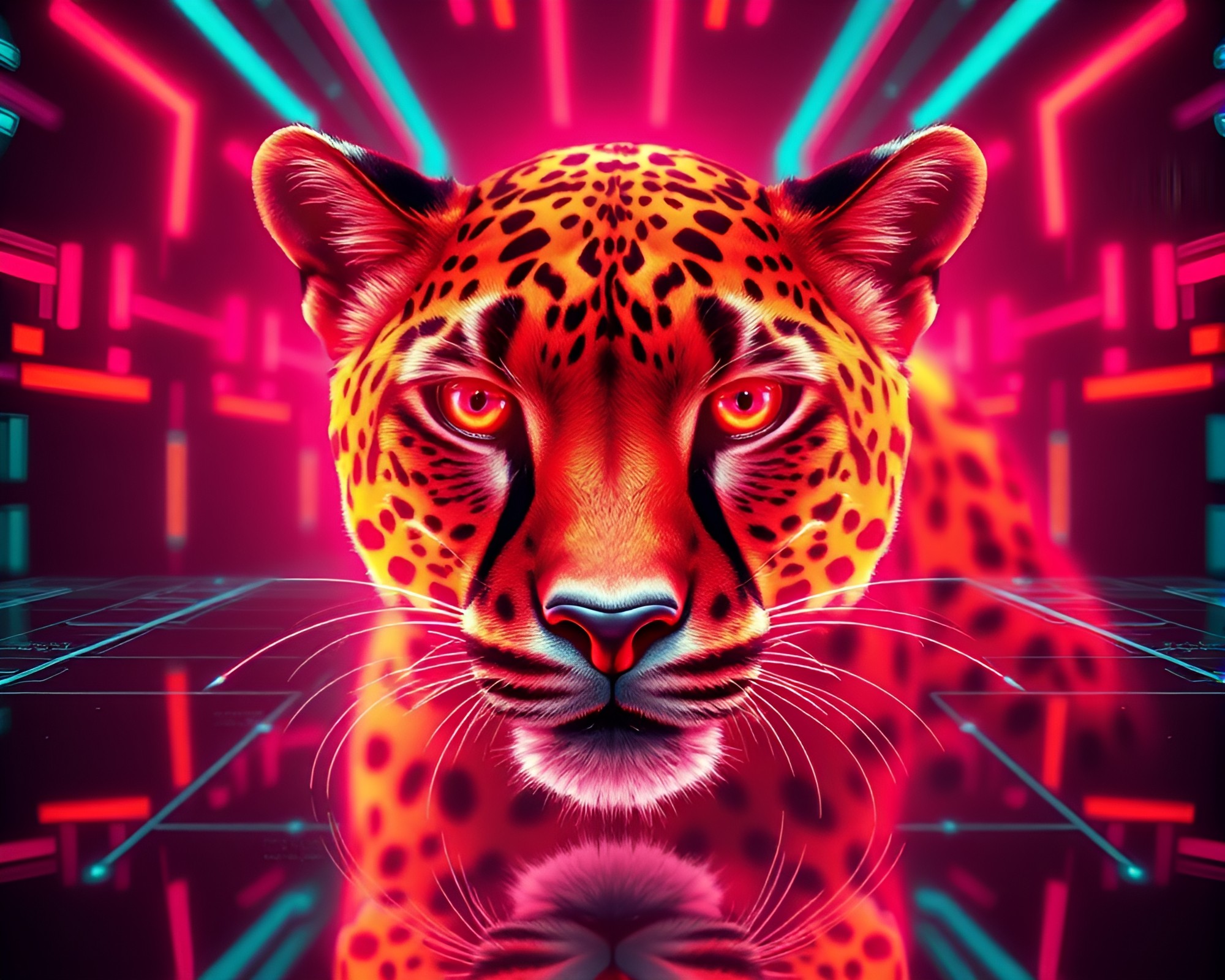 Neon Cheetah Reflection in Futuristic Chrome HUD Overlay – free AI stock image