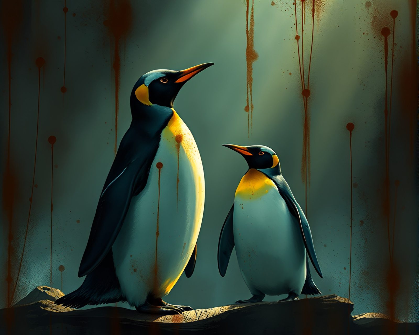 Steampunk penguin surrounded by rust stains under theatrical lighting