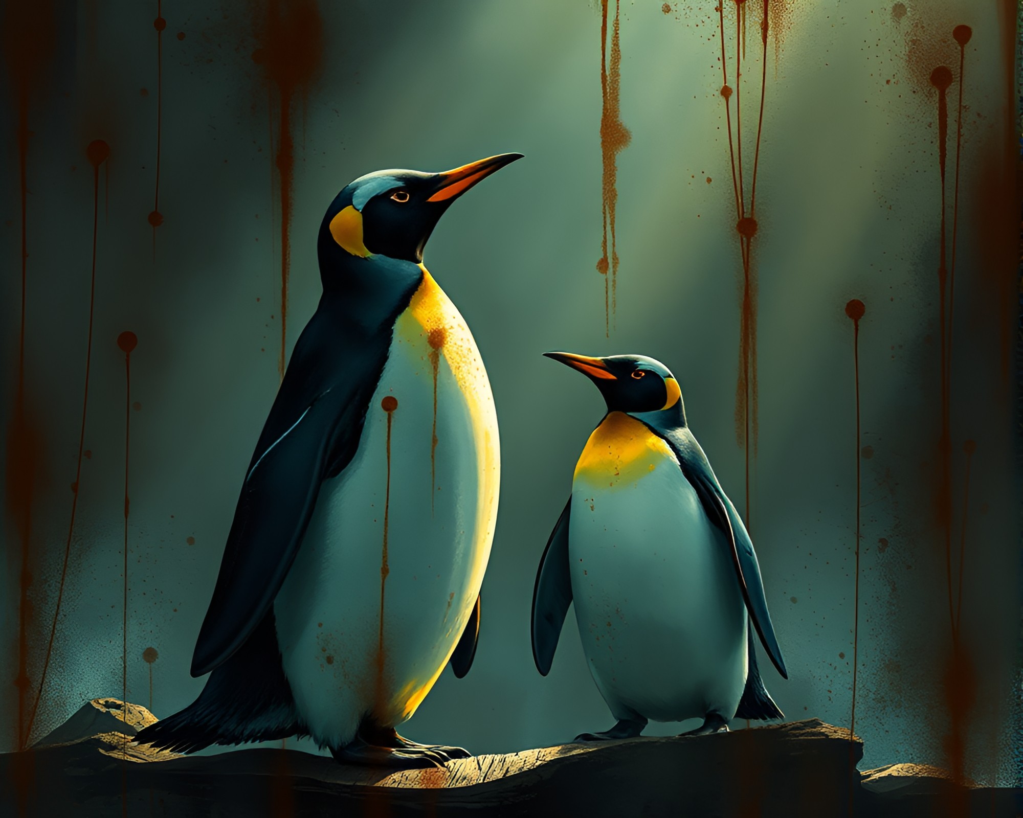 Steampunk Penguin in Dramatic Rust-Streaked Setting – free AI stock image