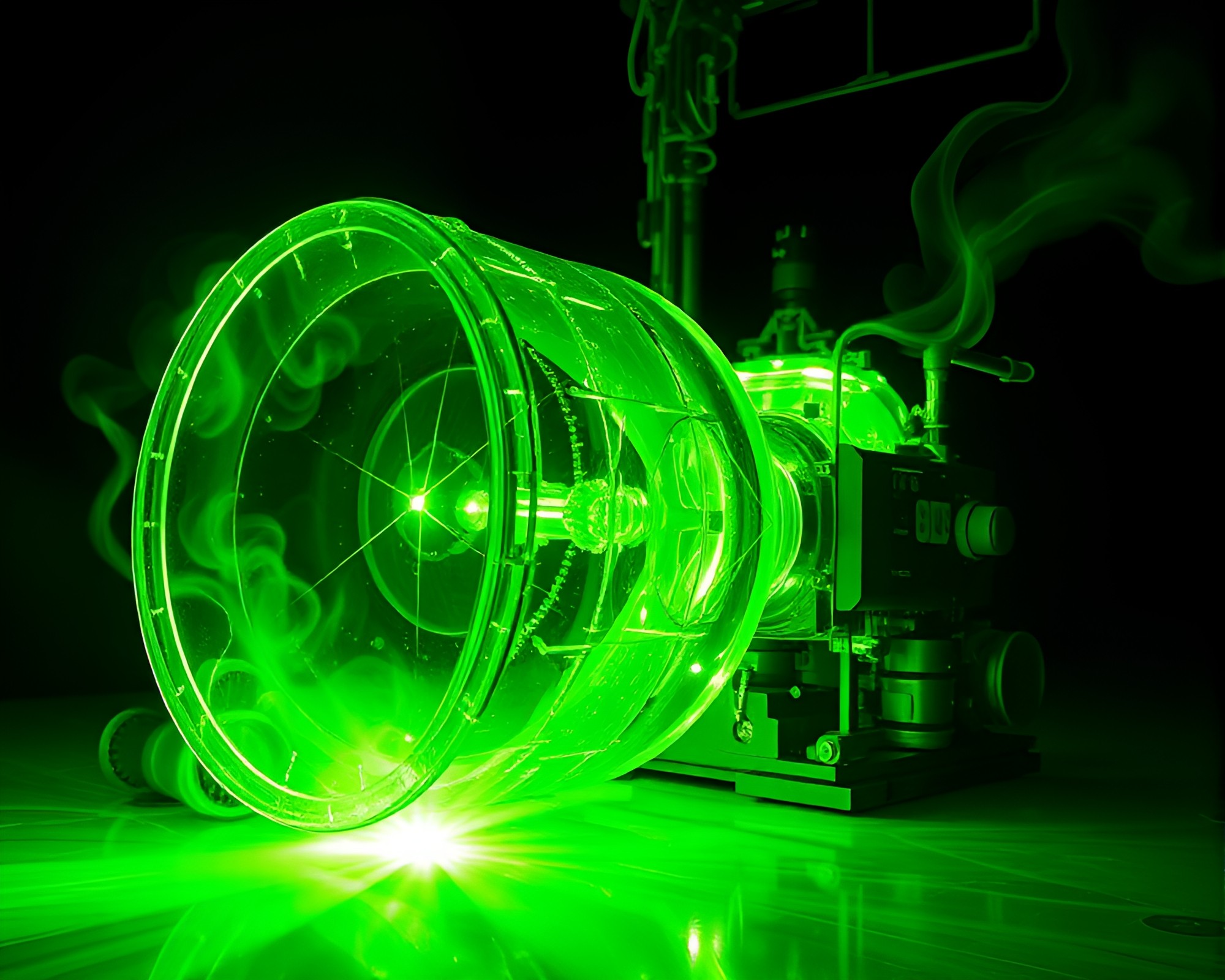 Zero-Point Green Reactor in Distorted Glass Reflections – free AI stock image