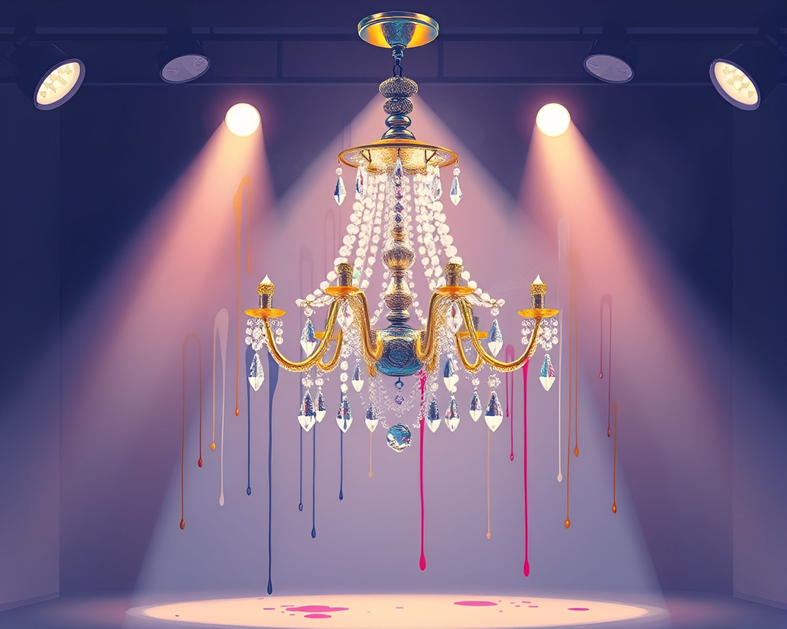 Abstract spray paint drips surrounding crystal chandelier in stage light