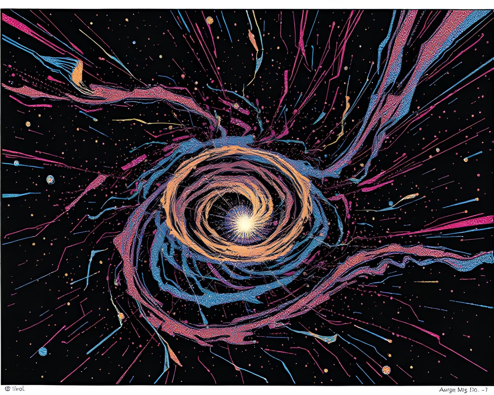 Dynamic linocut print of vortex-twisting plasma rifle