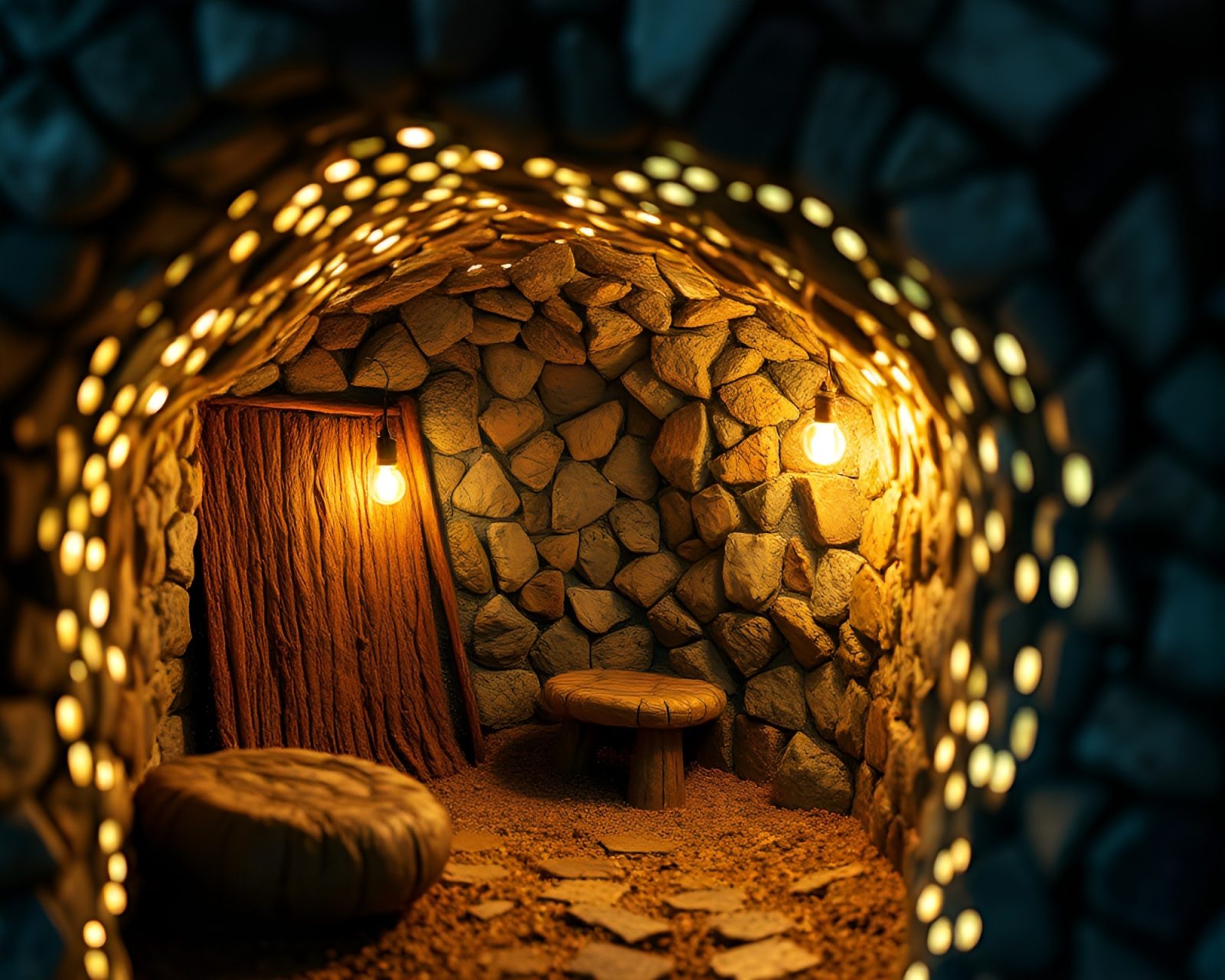Detailed close-up of illuminated mud hut with mosaic lighting