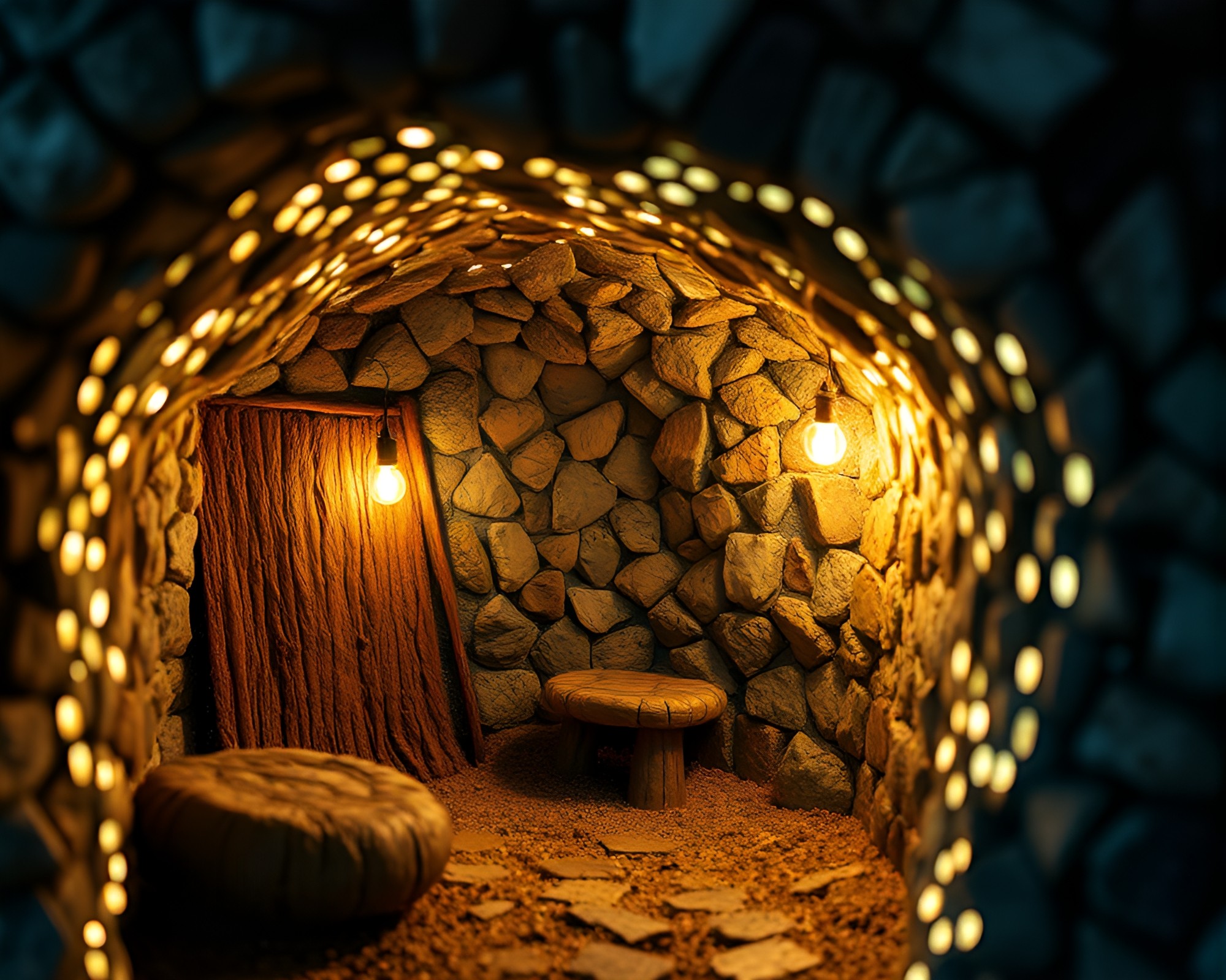 Macro Mud Hut Illuminated by Mosaic Rim Lighting – free AI stock image