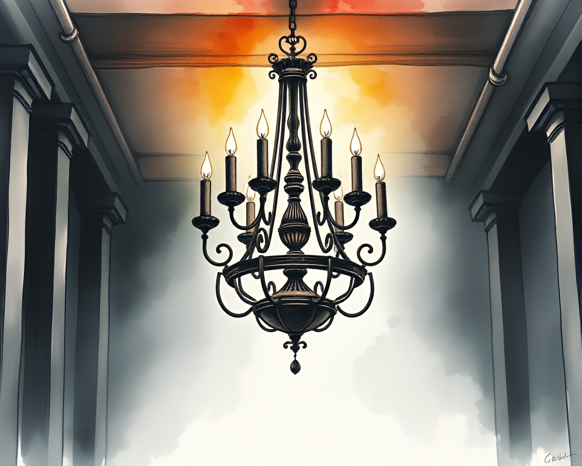 Ethereal Gothic Chandelier in Striped Pattern Basement – free AI stock image