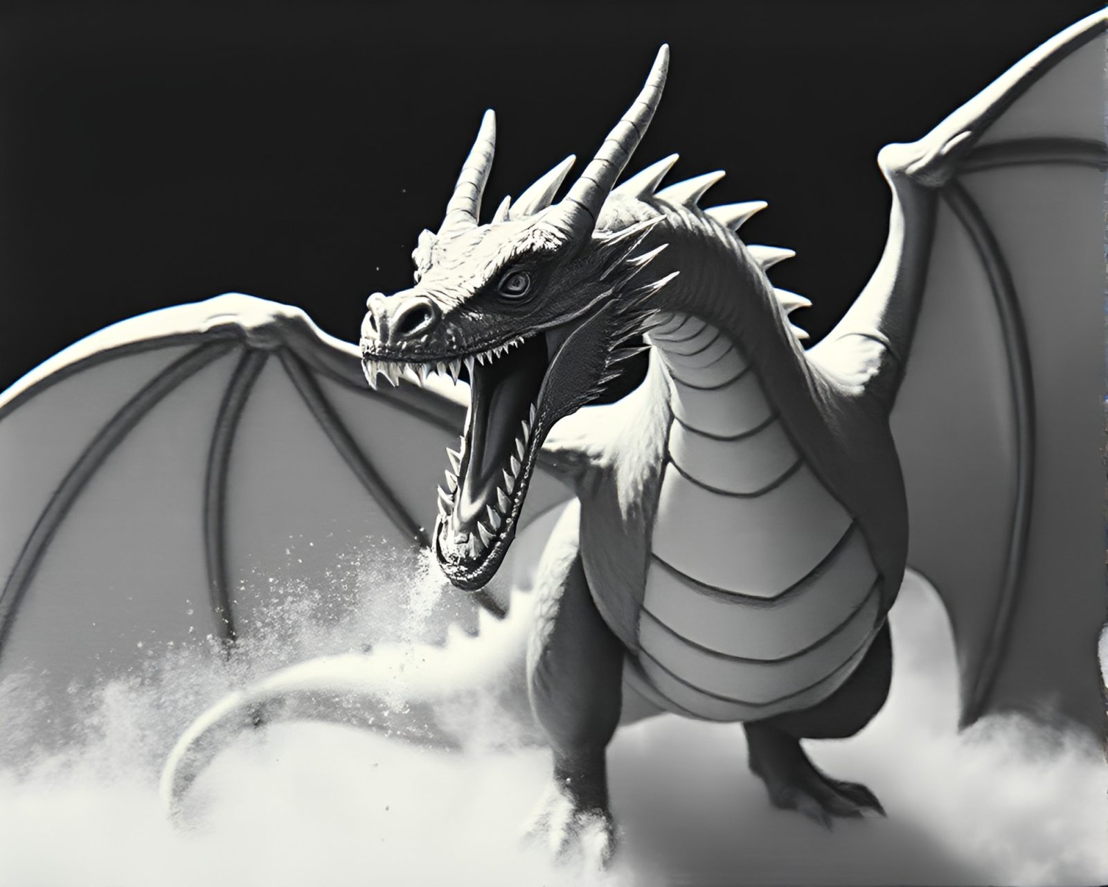 Stipple shaded dragon mage in VHS distortion ambiance