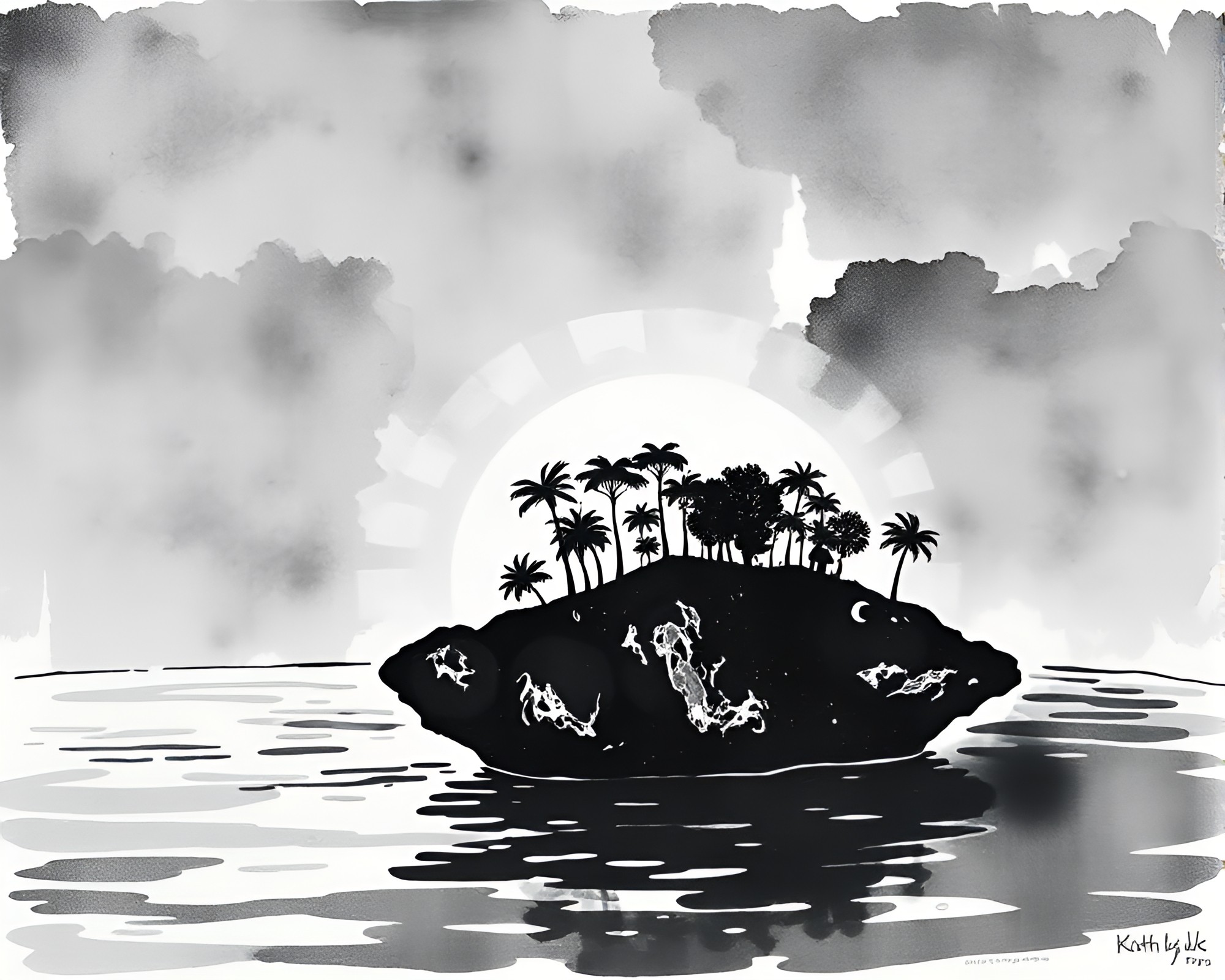 Charcoal Strokes Transform Floating Island into Linocut Print – free AI stock image