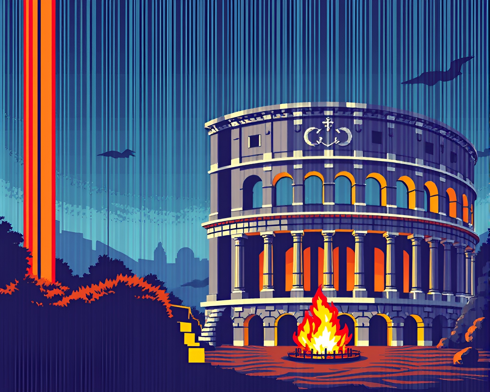 Roman Coliseum engulfed in pixelated firelight barcode – free AI stock image