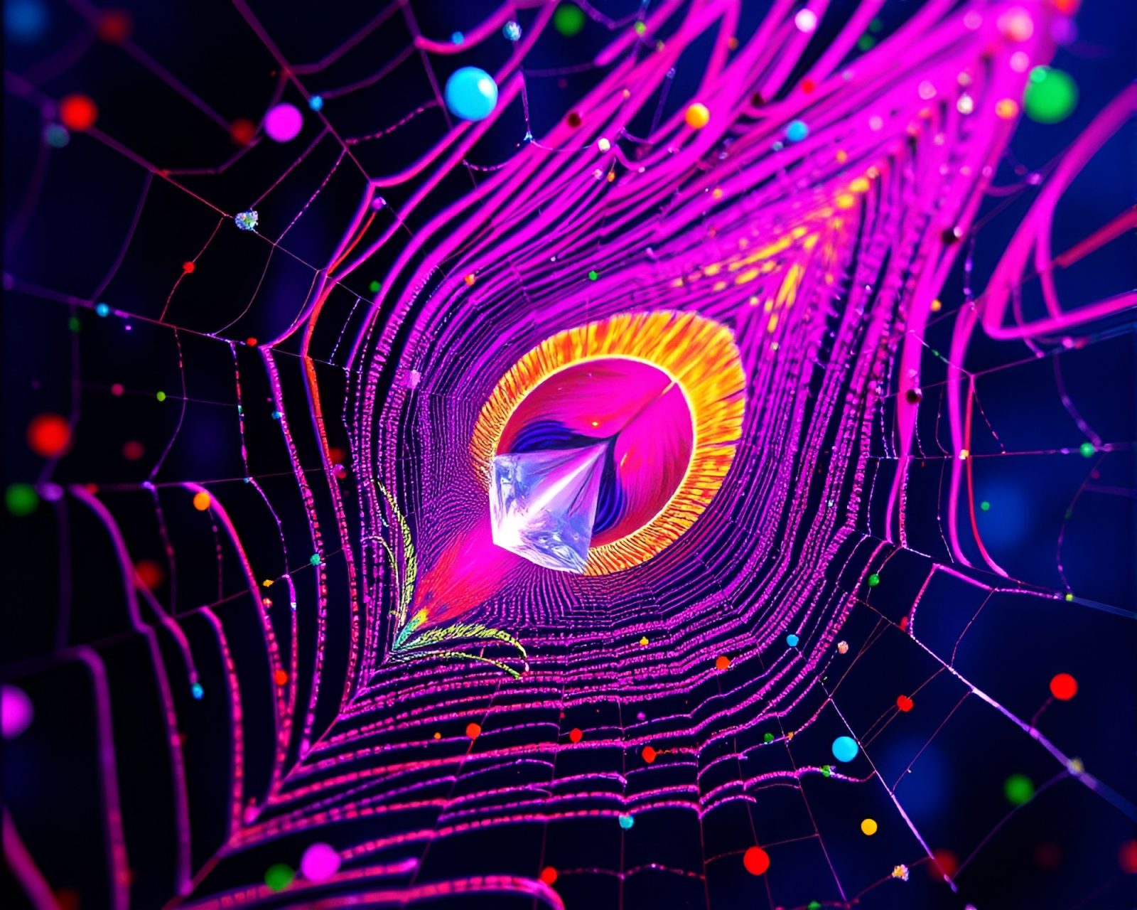 A stunning peacock feather refracting light in splatter art style within intricate cobweb strands