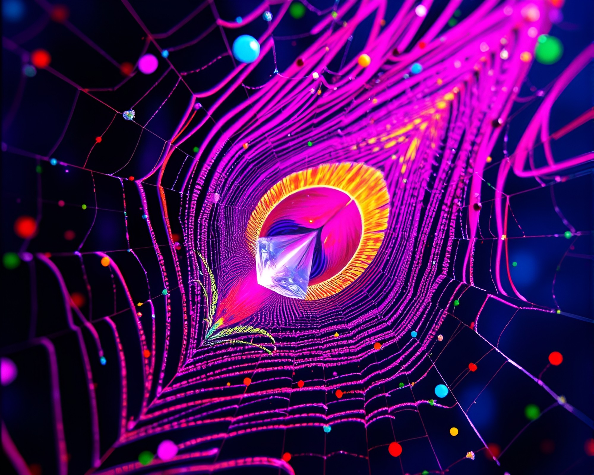 Prismatic Peacock Splatter Amid Cobweb Strands – free AI stock image