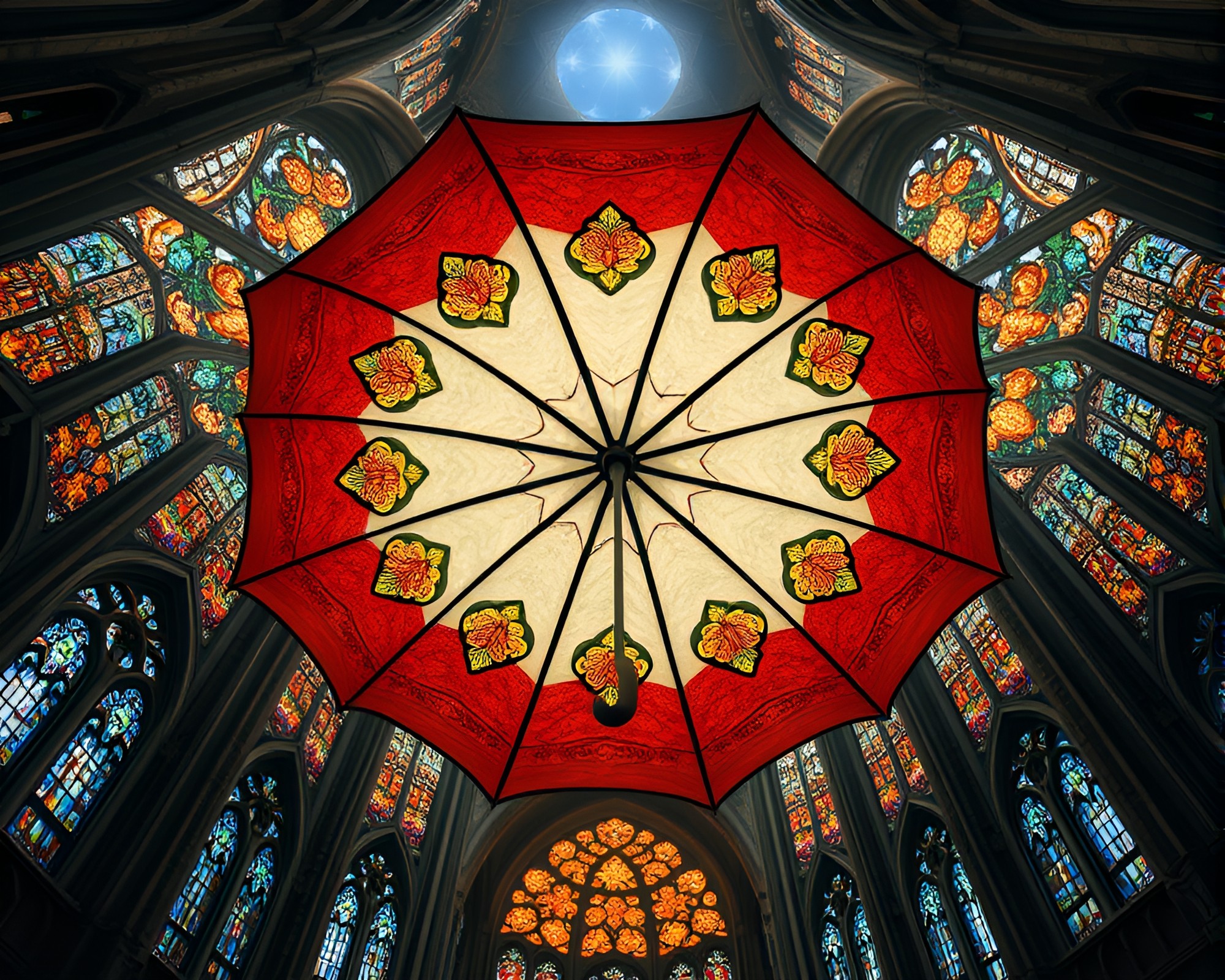 Ethereal Umbrella Glowing in Stained Glass Cathedral Light – free AI stock image
