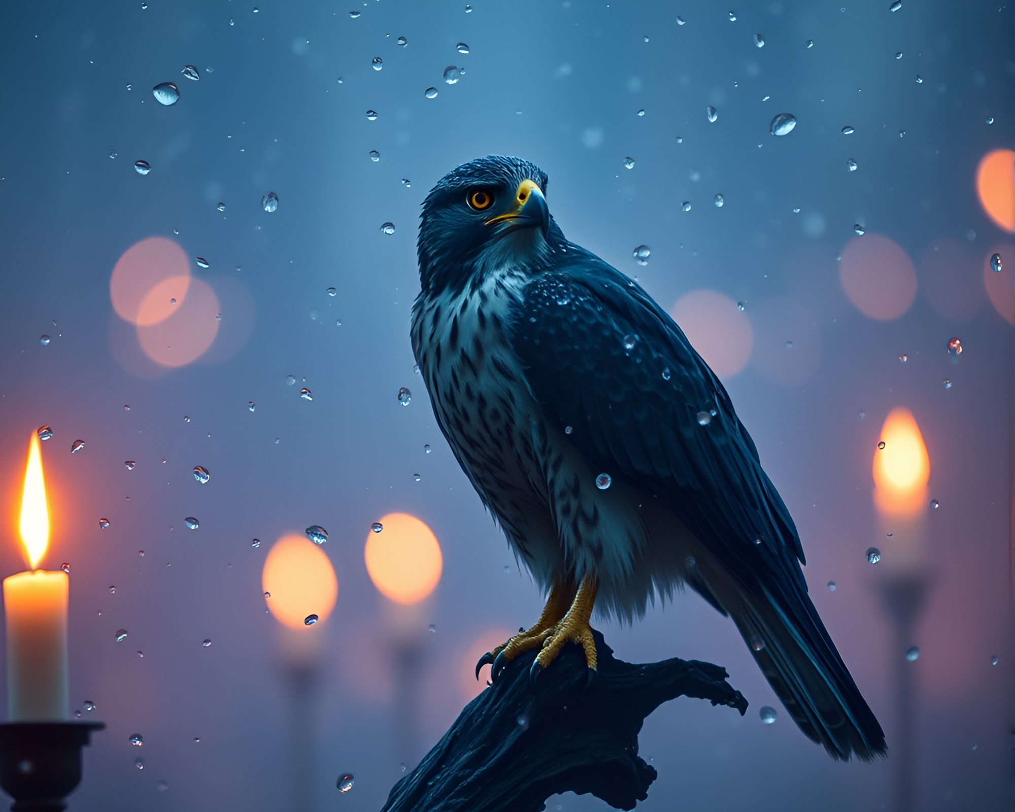 Falcon Among Dew-Kissed Flowers in Vaporwave Candlelight – free AI stock image