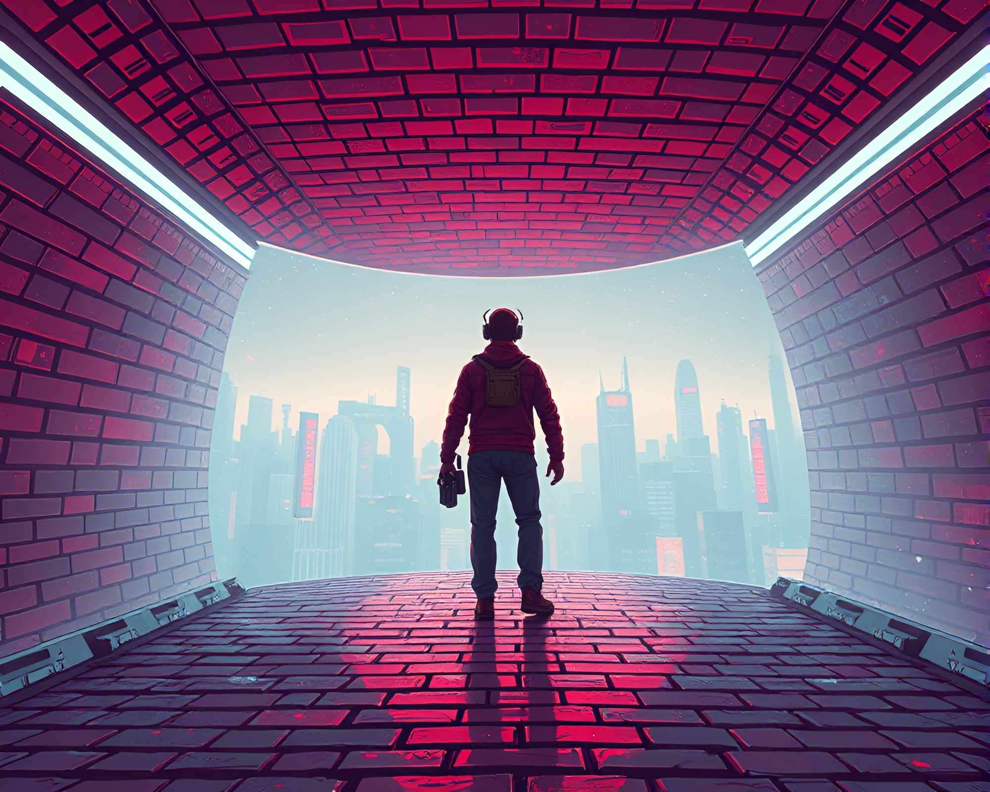 Futuristic Time Traveler in Brick Red Cityscape – free AI stock image