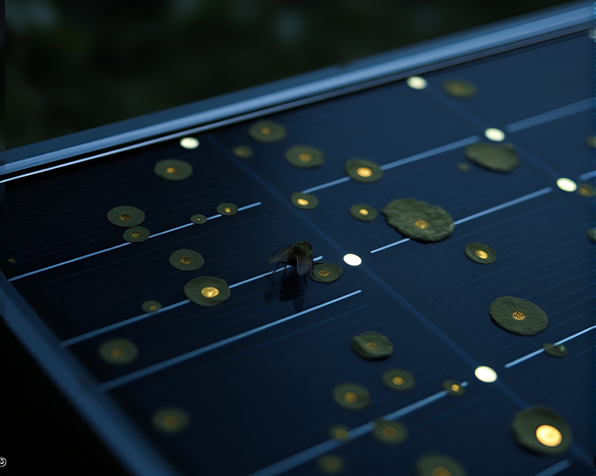 Solar Panel Array with Firefly Luminescence and Calligraphy Style – free AI stock image