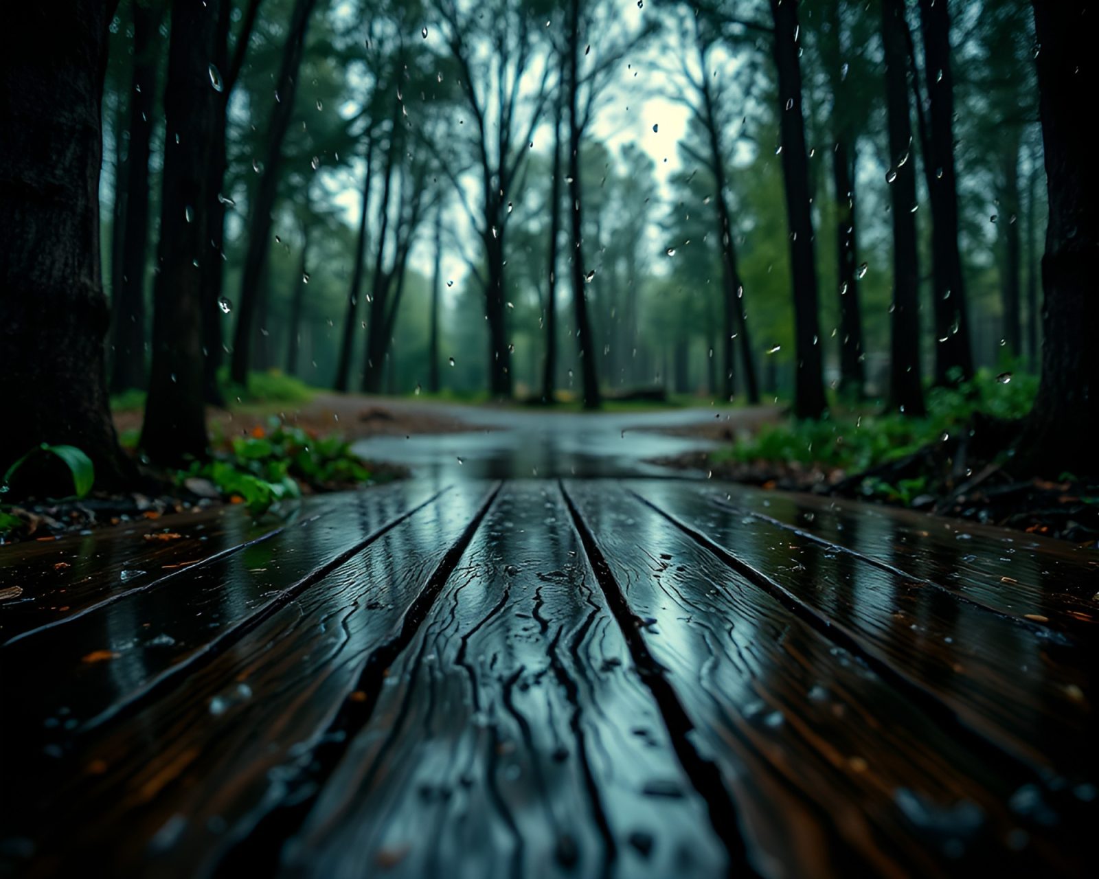 A magical circle carved in wood with raindrops reflecting on it