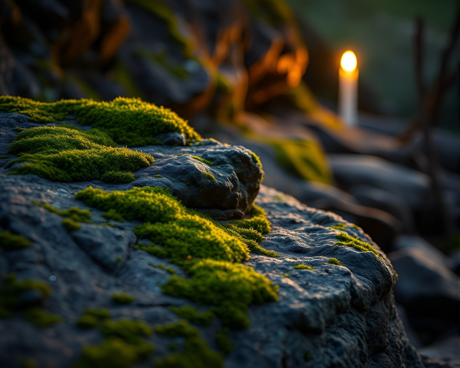 Candlelit scene showcasing moss-covered rock in midday bright light