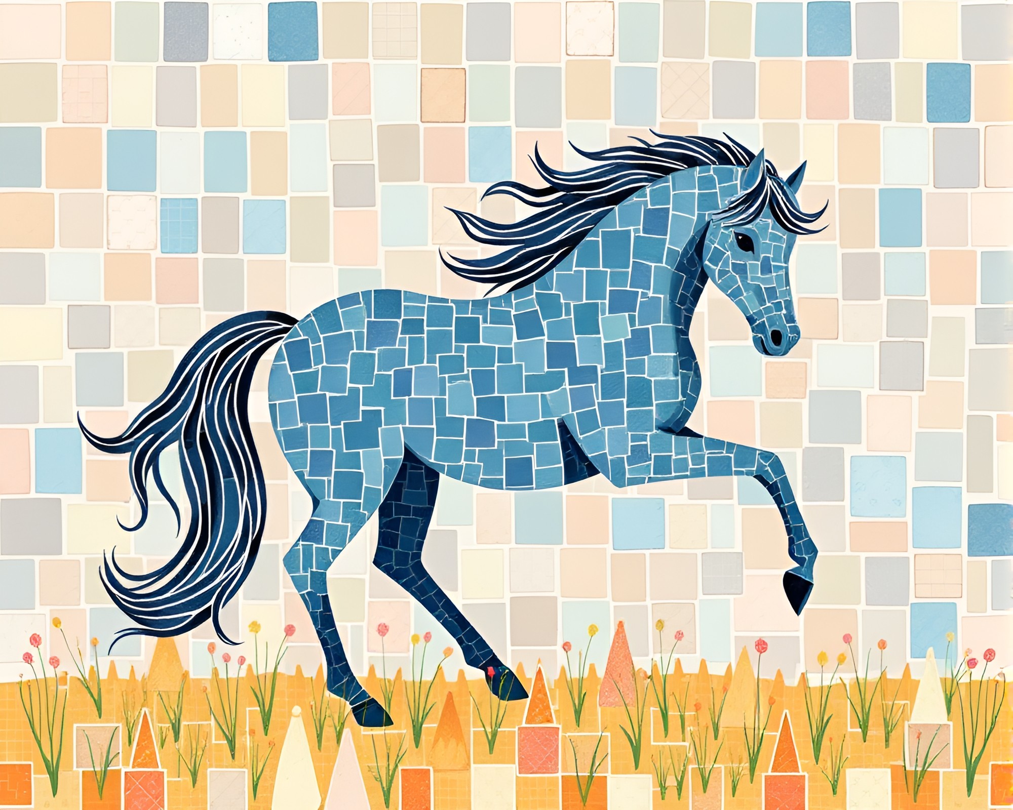 Wild Stallion Mosaic in Children’s Book Style – free AI stock image
