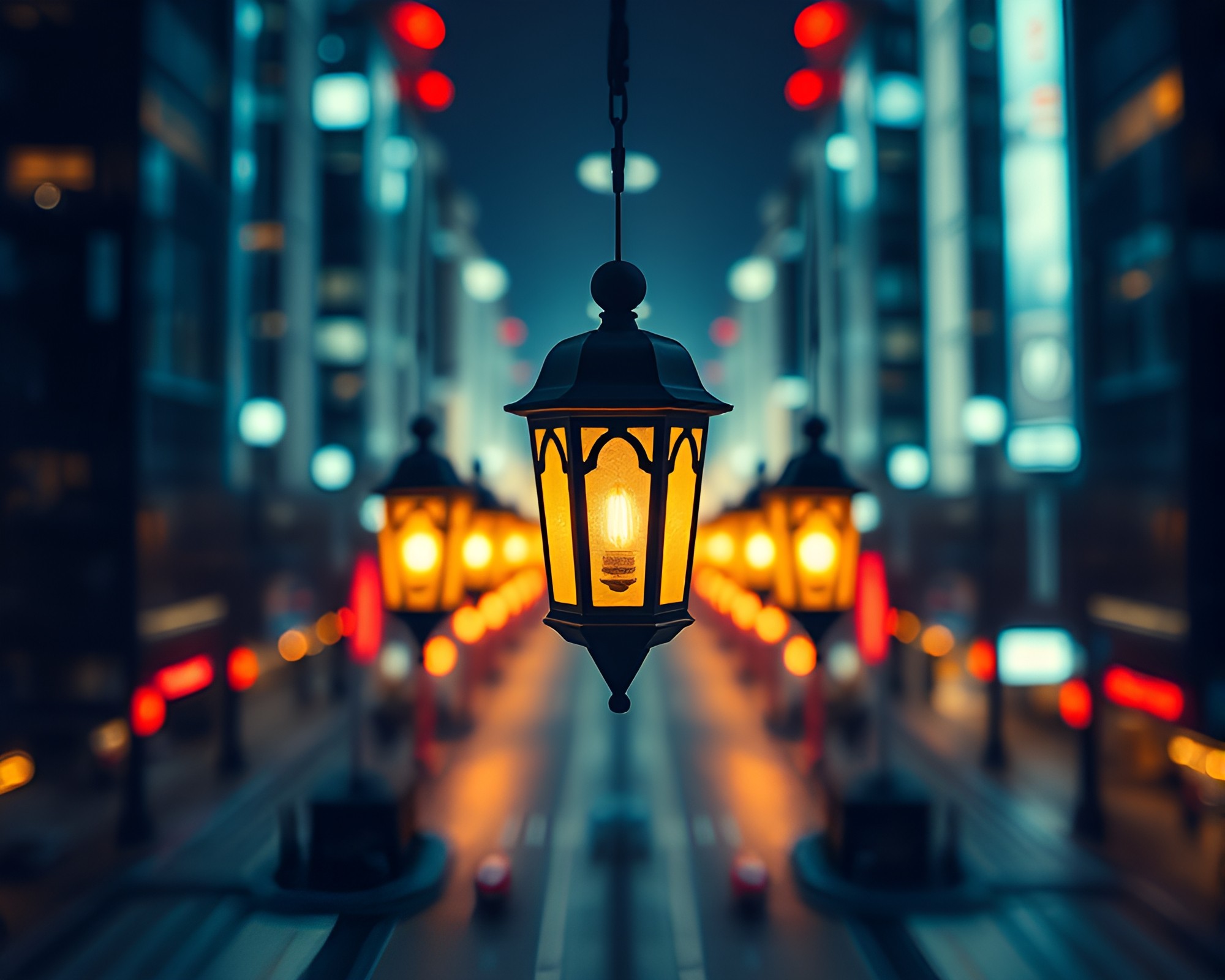 Futuristic Cityscape Illuminated by Lantern Light – free AI stock image