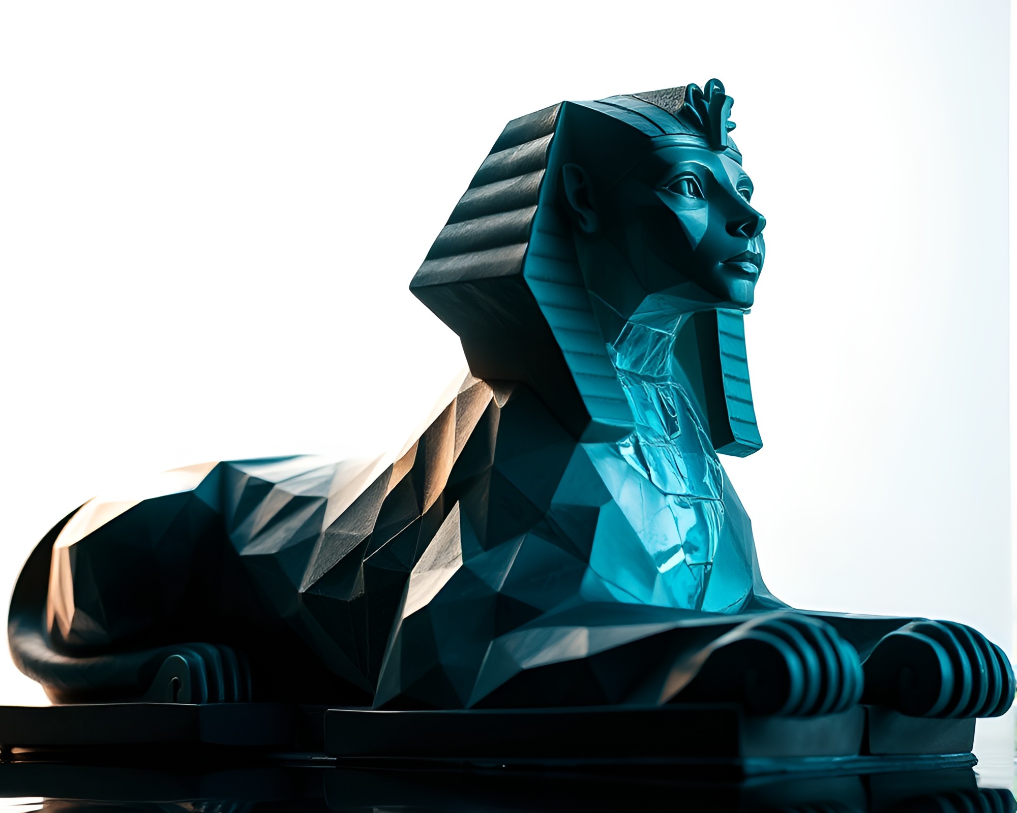 Mystical Sphinx Statue in Origami Water Reflection – free AI stock image